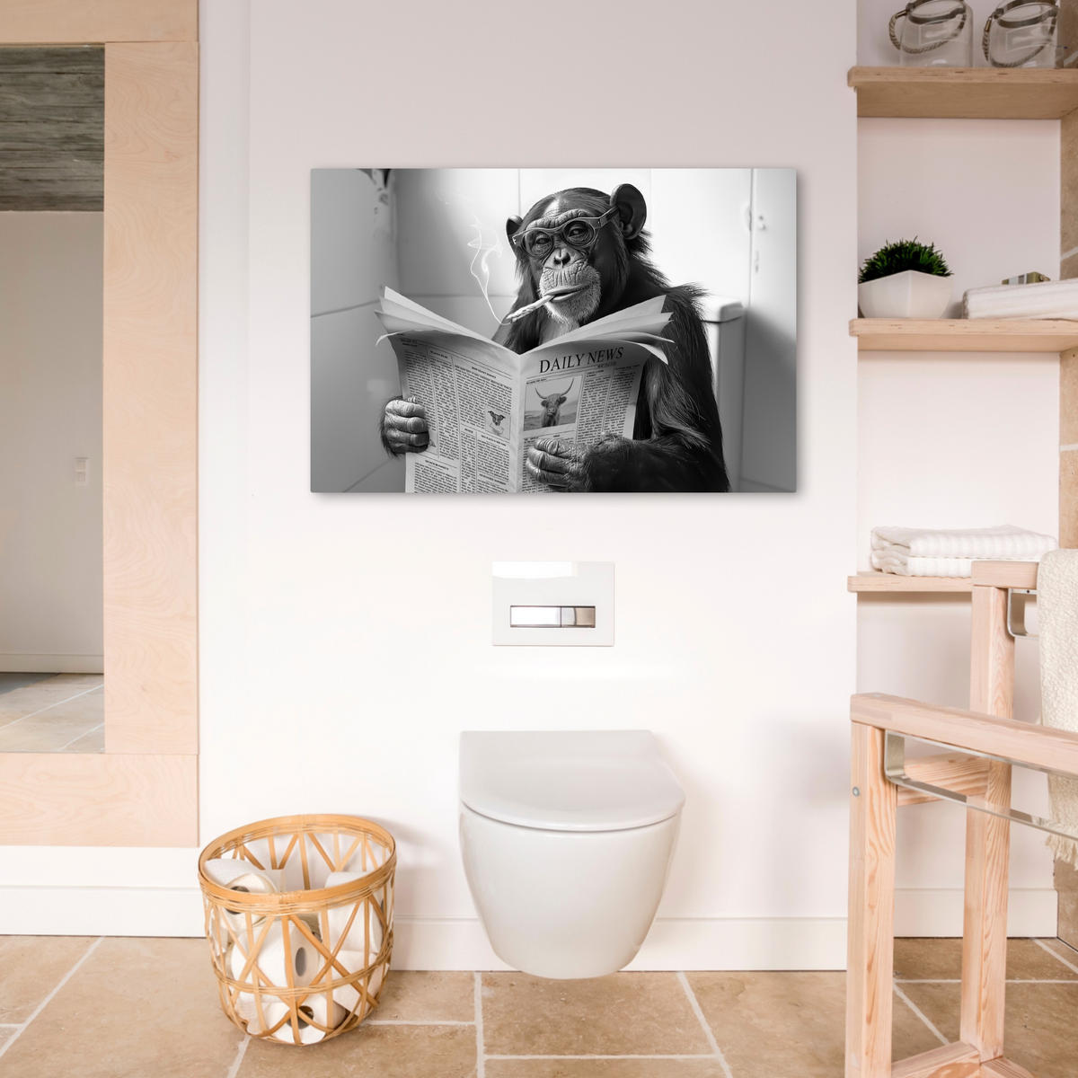 LEINWANDBILD Affe - WC - Zeitung - Schwarz-Weiß - Humor Wanddeko 90x60 cm - Hellgrau, Textil (90/60cm) - MuchoWow