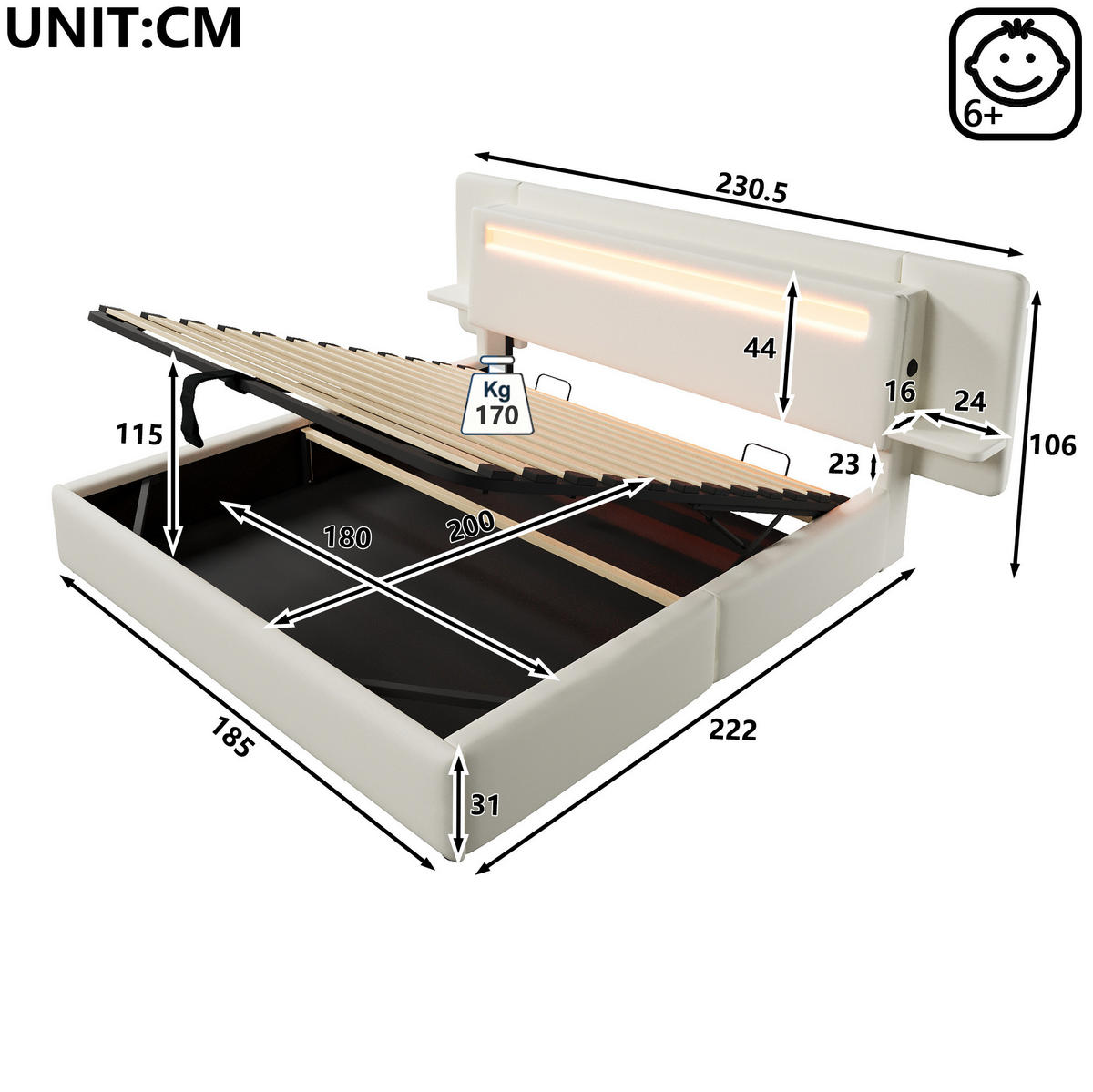 POLSTERBETT aus MDF und Leinen 180x200 cm Beige mit Bettkasten, LED-Beleuchtung, Nachttisch und USB-Anschluss - Beige, Textil (180/200cm) - Modfu
