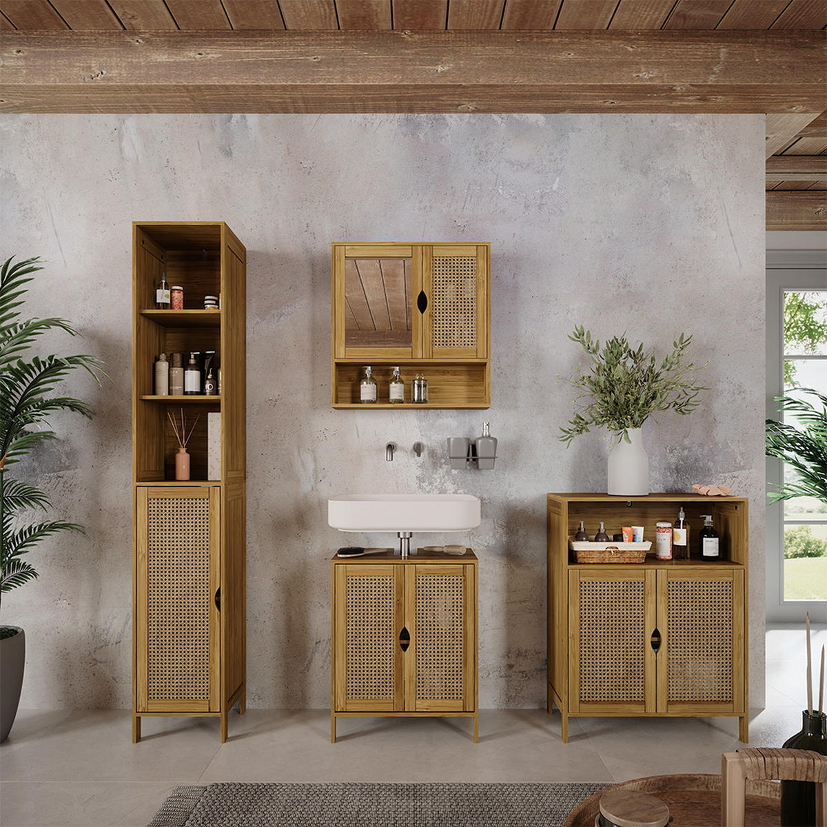 BADMÖBEL-SET Liora Bambus 4 Teile - Grün, Holzwerkstoff (48/60/29cm) - Vicco