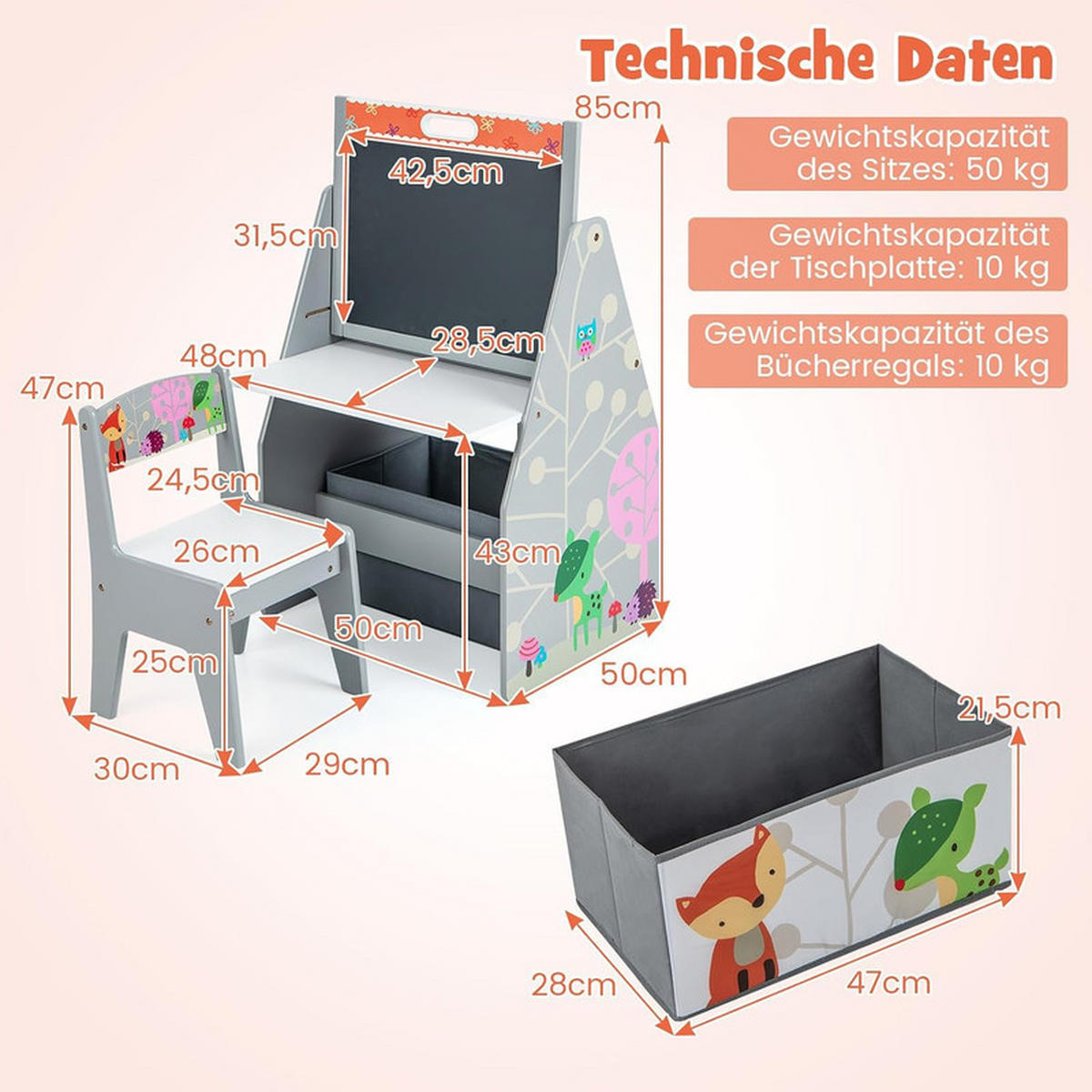 KINDERSITZ-SET mit magnetischer Whiteboard-Tafel grau(2-tlg) - Grau, Holzwerkstoff (50/85/50cm) - COSTWAY