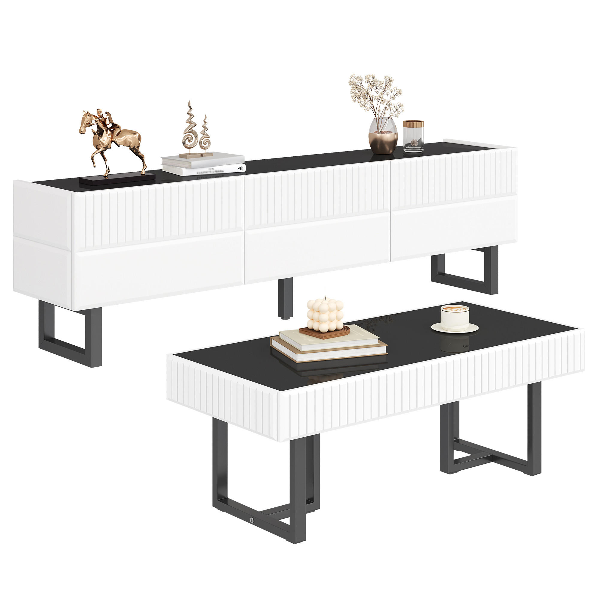 OKWISH OBÝVACÍ sestava 170/35/47 a 110/50,5/41 cm černá a bílá z MDF a dřevotřísky s úložným prostorem