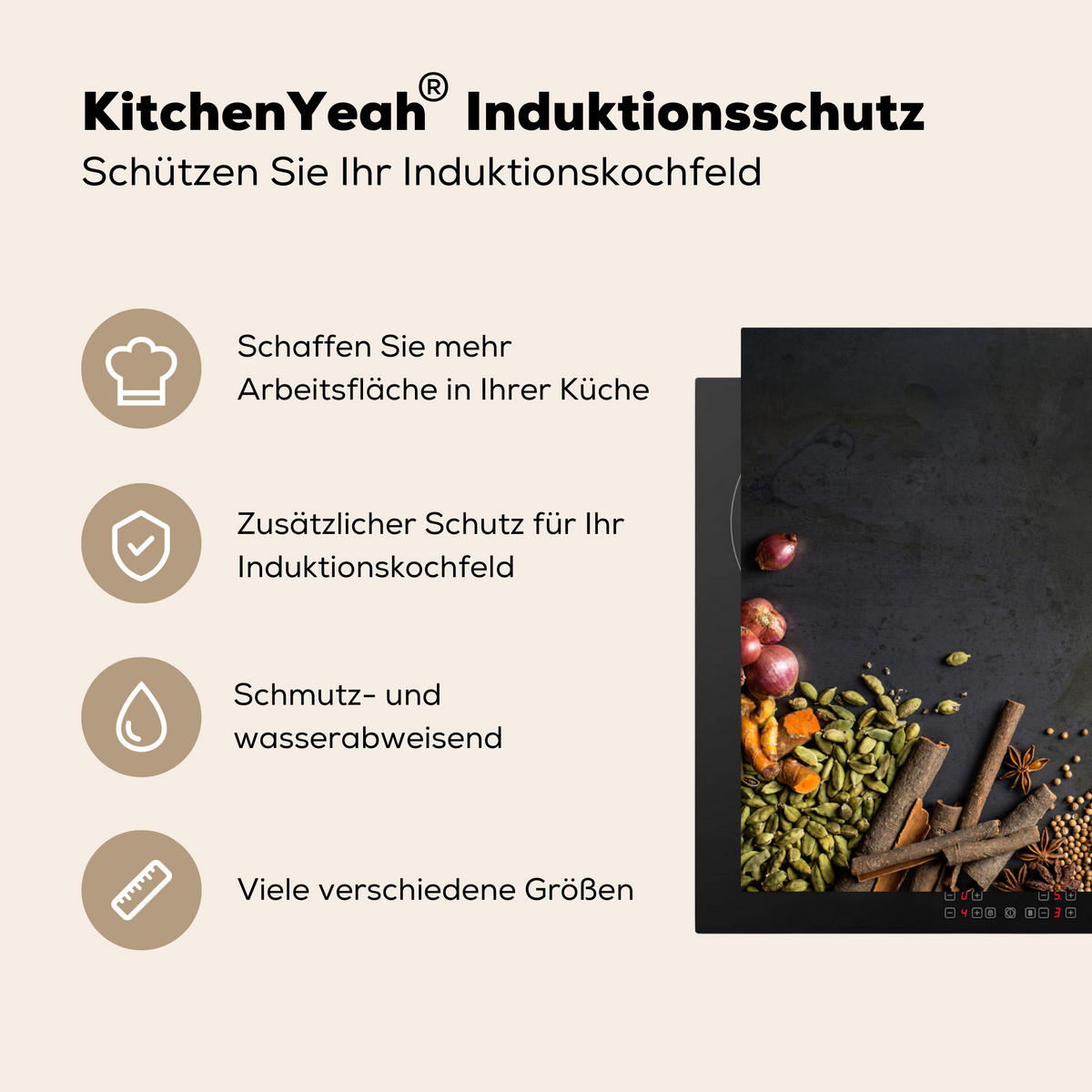 HERDABDECKPLATTE Kräuter - Lebensmittel - Gewürze - Schwarz - Paprika - Zimt 81x52 cm - Currygelb, Kunststoff (81.6/52.7/0.2cm) - MuchoWow