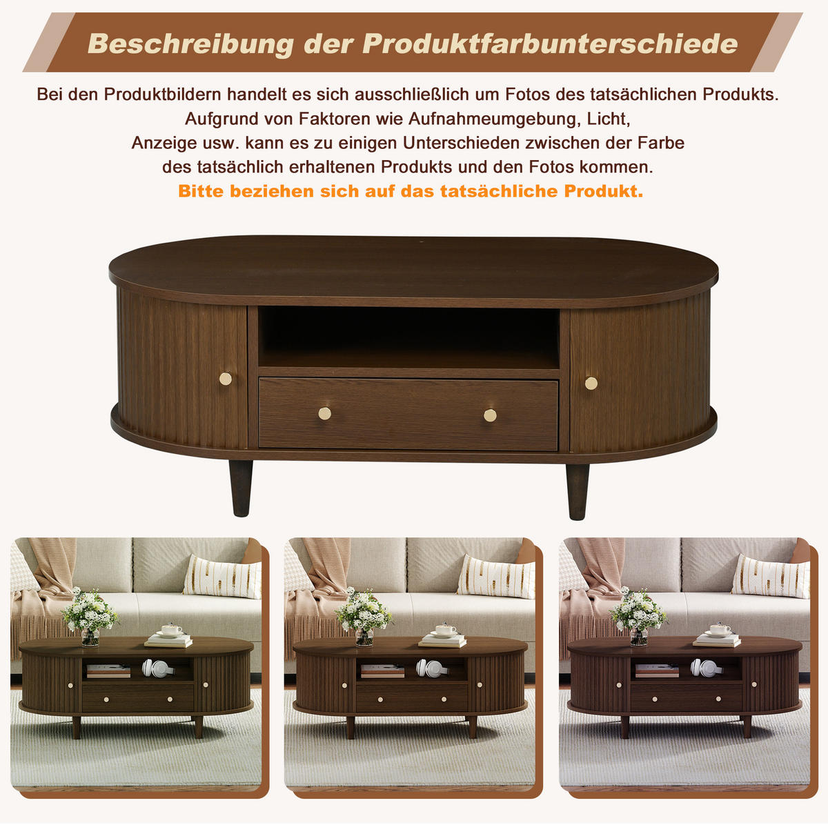 COUCHTISCH 100/50/36 cm mit Schublade, offener Ablage und Rolltür aus MDF, Walnuss - Nussbaumfarben, Holzwerkstoff (100/50/36cm) - Redom