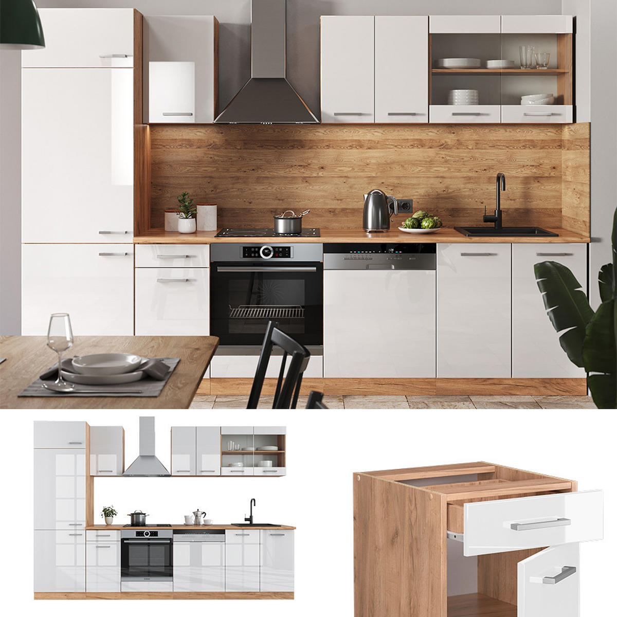 KÜCHE R-Line Weiß Hochglanz/Goldkraft Eiche 300 cm, AP Marmor - Weiß Hochglanz/Eiche Wotan, Holzwerkstoff (300/81.6/60cm) - Vicco