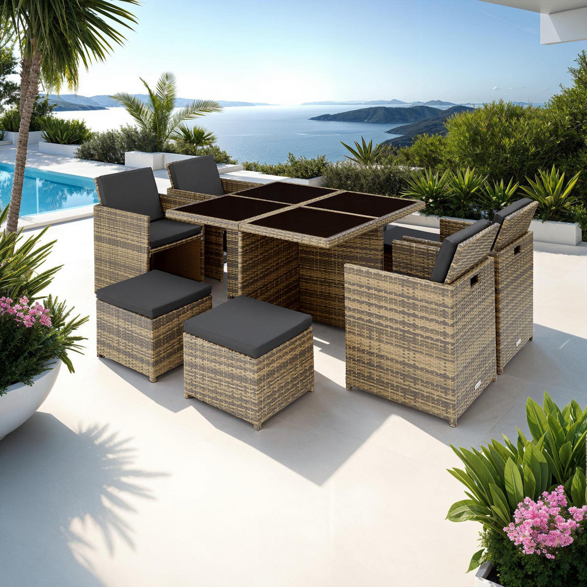 RATTAN SITZGRUPPE Manhattan,2 Bezugssets, zusammenschiebbar, inklusive Schutzhülle,natur - Naturfarben, Kunststoff - tectake