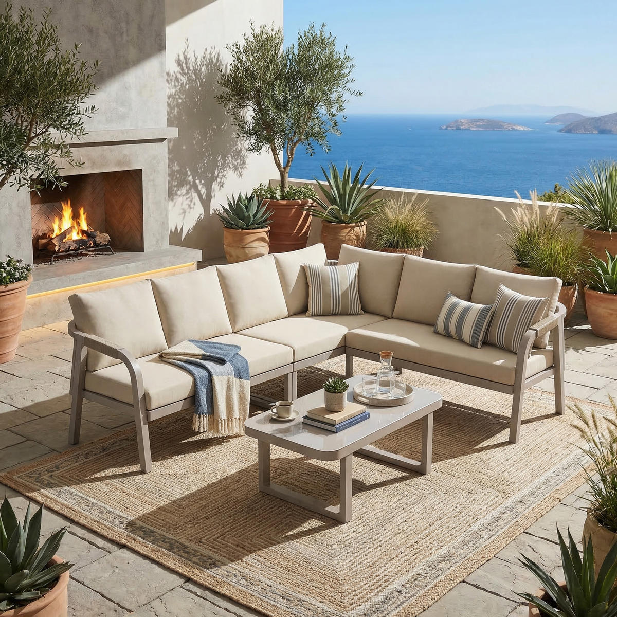 GARTENMÖBEL-SET 6 Personen Ecksofa Couchtisch Stahl Beige - Beige, Textil - FLIEKS