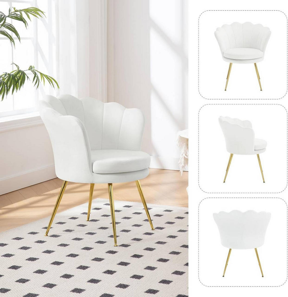 RELAXSESSEL Blumenform, Samtbezug, Weiß+Gold - Goldfarben/Weiß, Textil/Metall (68/75/62cm) - Woltu
