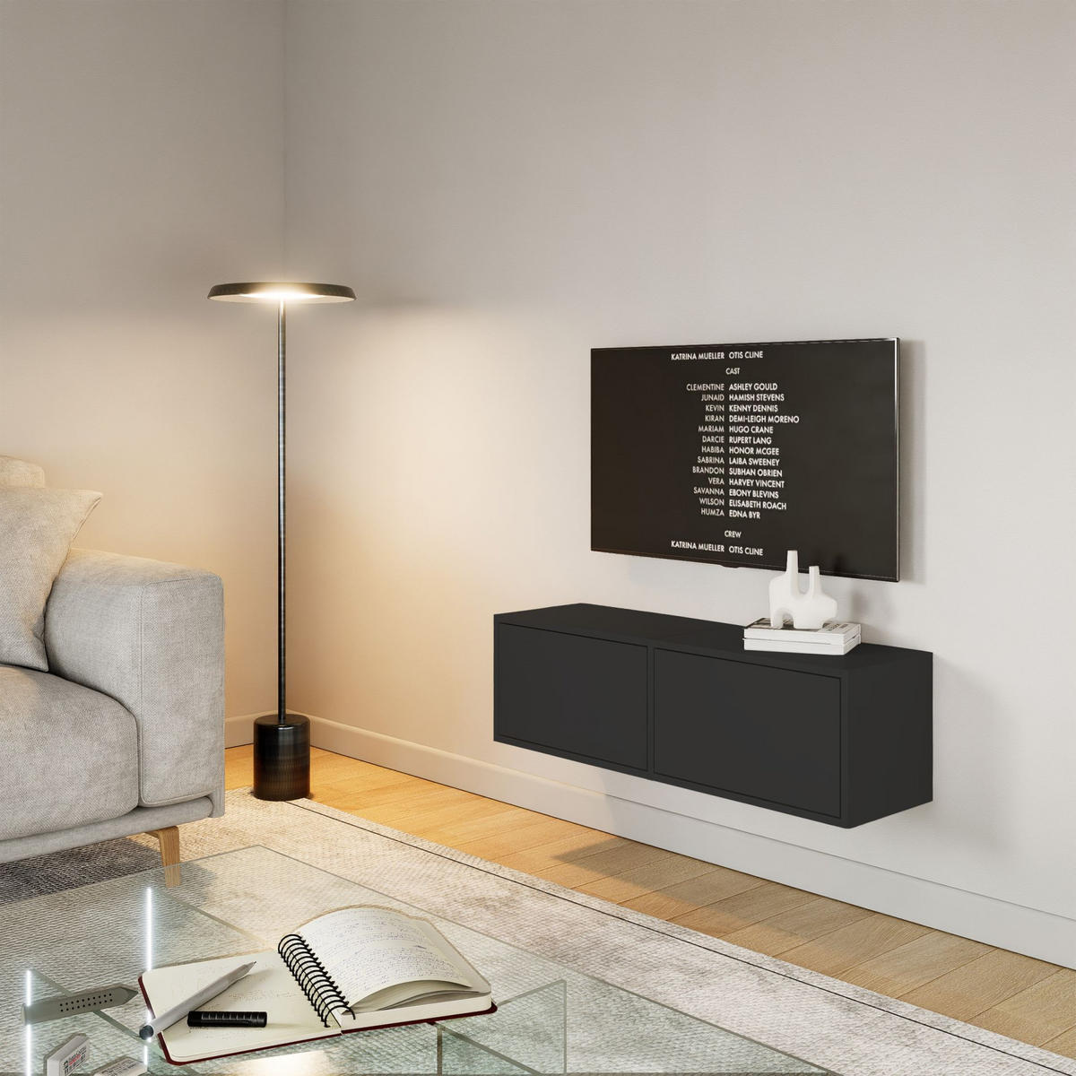 TV-LOWBOARD hängend, 2 Klappen, Schwarz, 100 cm - Schwarz, Holzwerkstoff (100.6/30/30cm) - Selsey