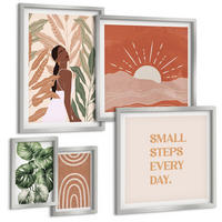 BILDER SET 5er Set - 50x50 cm & 20x30 cm & 40x60 cm Silberner Rahmen - abstrakte Formen im Boho-Stil - Silberfarben, Kunststoff (40/60cm) - TULUP