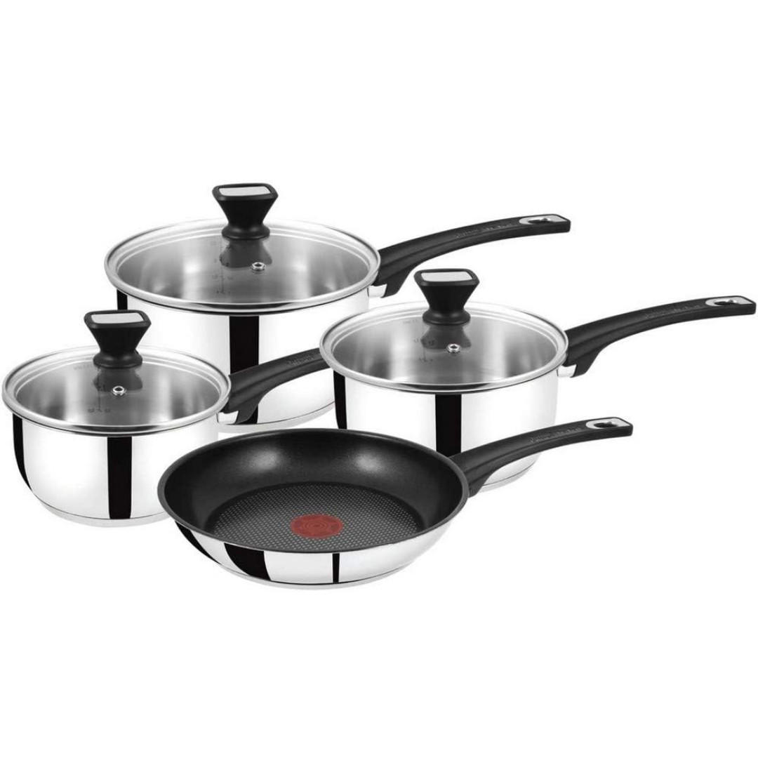 KOCHSET Jamie Oliver Essential A610S444 7-teilig Silber, Edelstahl, Kochgeschirr, Kochtöpfe, Glasdeckel, Induktion, hitzebeständig, Küchenzubehör - Silberfarben/Schwarz, Kunststoff/Metall - Tefal