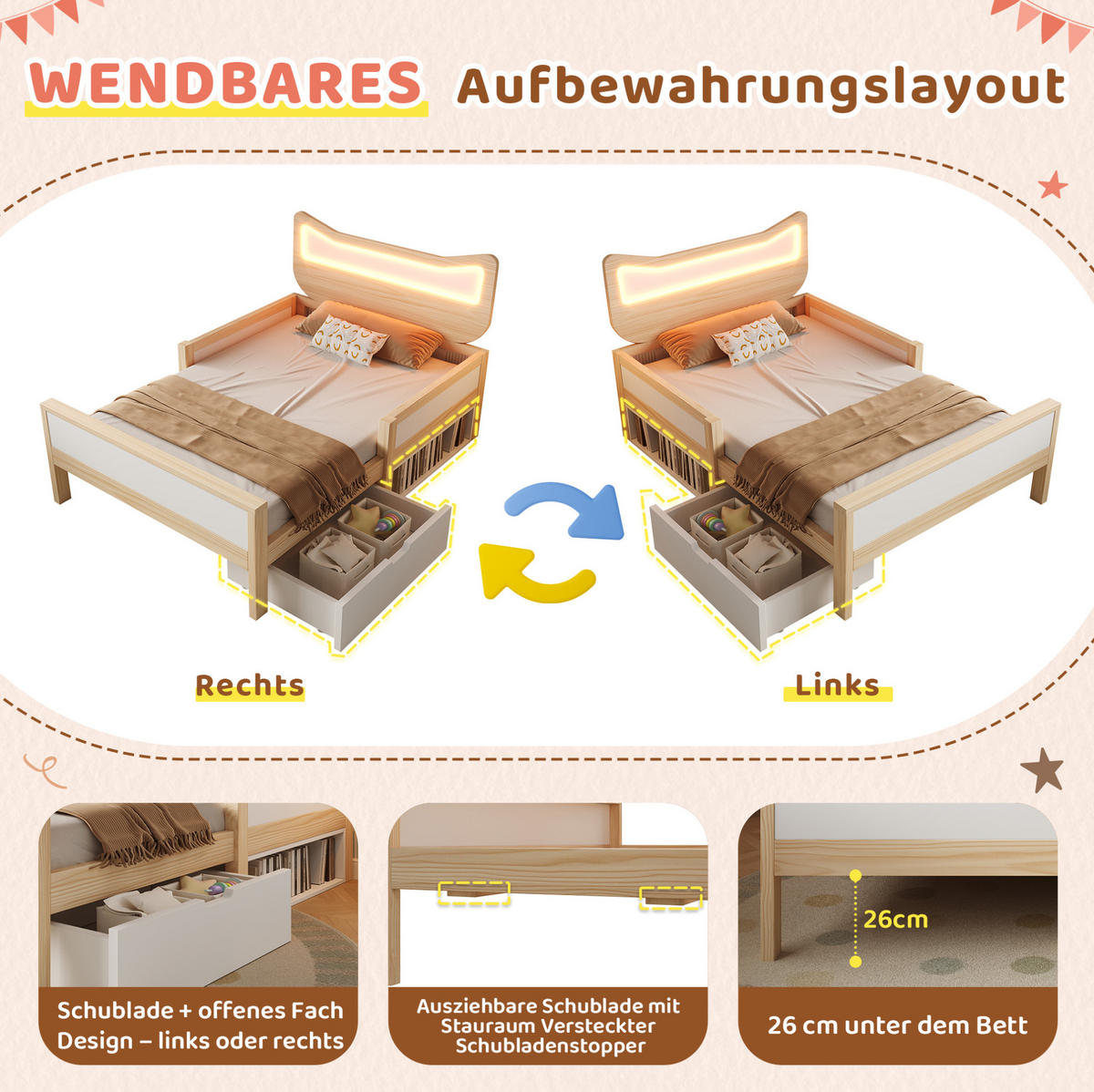 KINDERBETT Katzenkopfteil 90/200 cm Weiß/Eiche mit RGB-LED, Schublade, ohne Matratze - Weiß, Holz (90/200cm) - MIVRAY