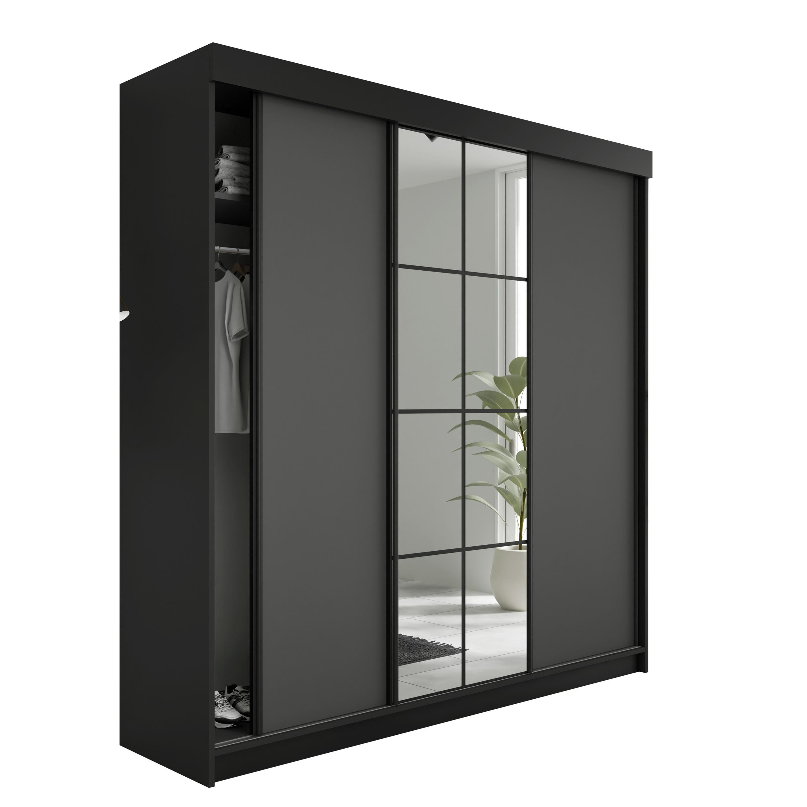 SCHIEBETÜRENSCHRANK LAMARO 200x205x59cm - Schwarz & Graphit - Schwarz/Graphitfarben, Holzwerkstoff (200/205/59cm) - Kier Furniture