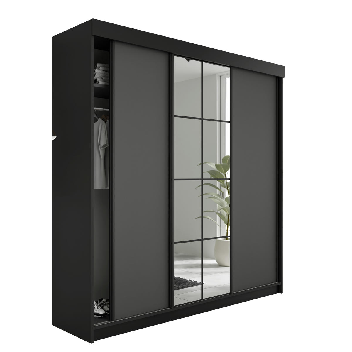 SCHIEBETÜRENSCHRANK LAMARO 200x205x59cm - Schwarz & Graphit - Schwarz/Graphitfarben, Holzwerkstoff (200/205/59cm) - Kier Furniture