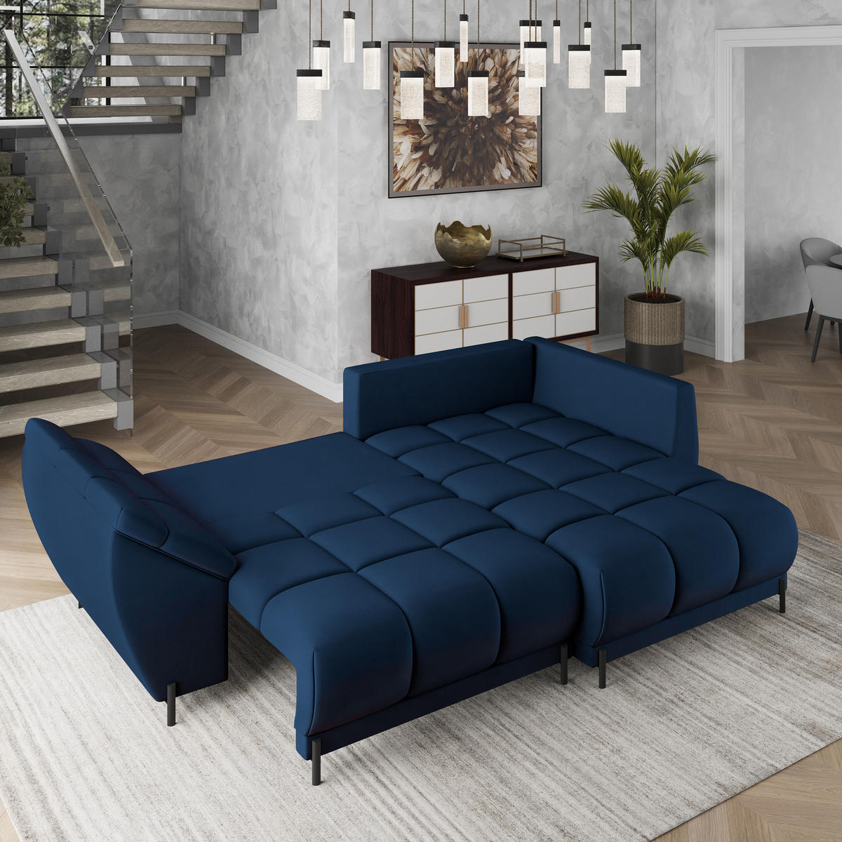 ECKSOFA VESTANO R-S Blau Velours-Stoff mit Schlaffunktion - Blau, Holz (287/182cm) - MASSENO