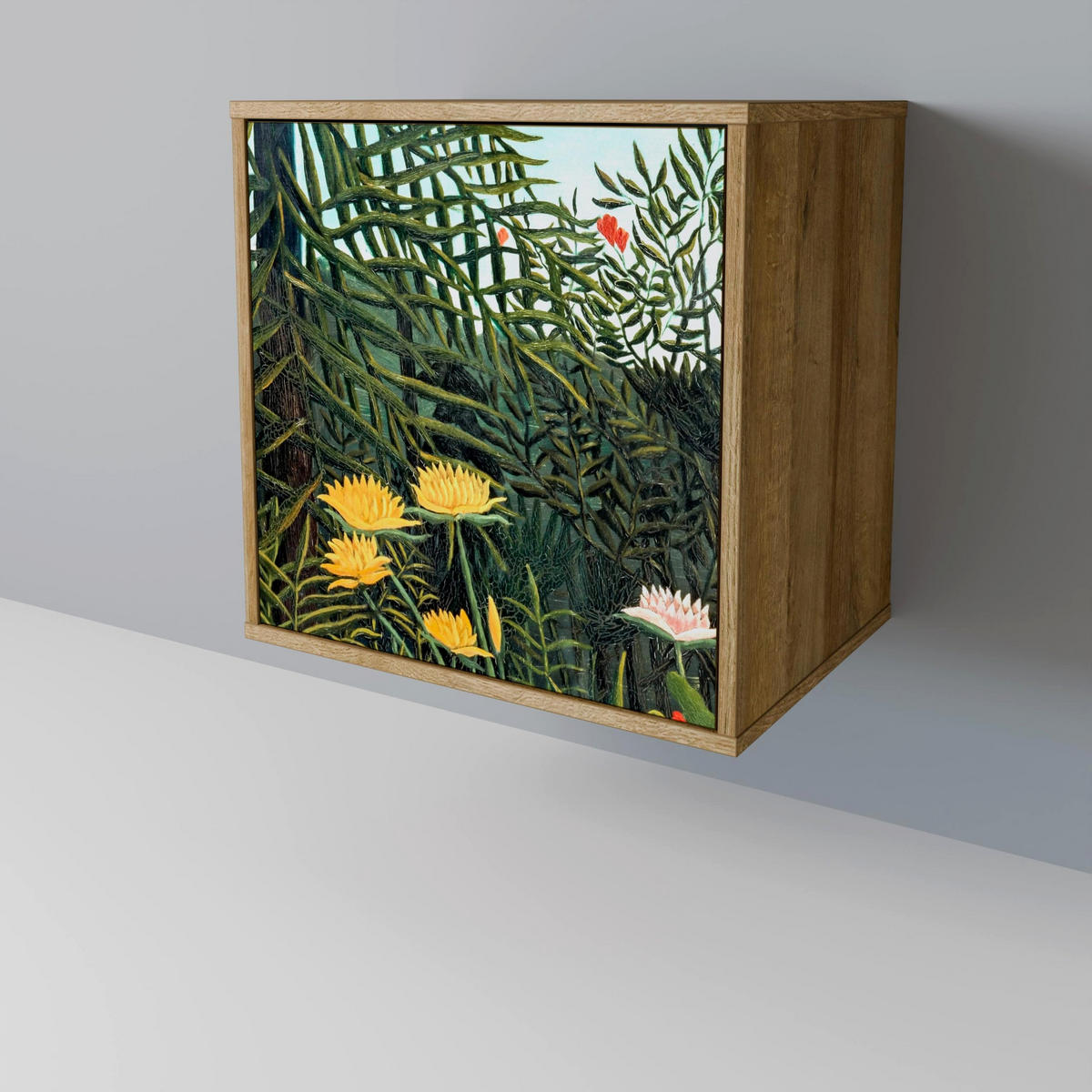 SIDEBOARD VIRGIN FOREST WITH SUNSET, Eichefarben, 57,5x42x75,5 cm, Goldfarbene Metallfüße - Eichefarben/Goldfarben, Holzwerkstoff/Metall (57.5/75.5/42cm) - SpaceRebels
