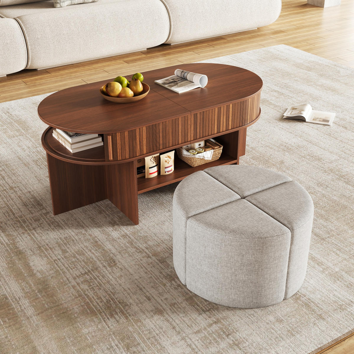 COUCHTISCH Oval Stauraum Rillenoptik mit Hockern Modern - Walnussfarben, Holzwerkstoff (60/120/51.5cm) - FLIEKS
