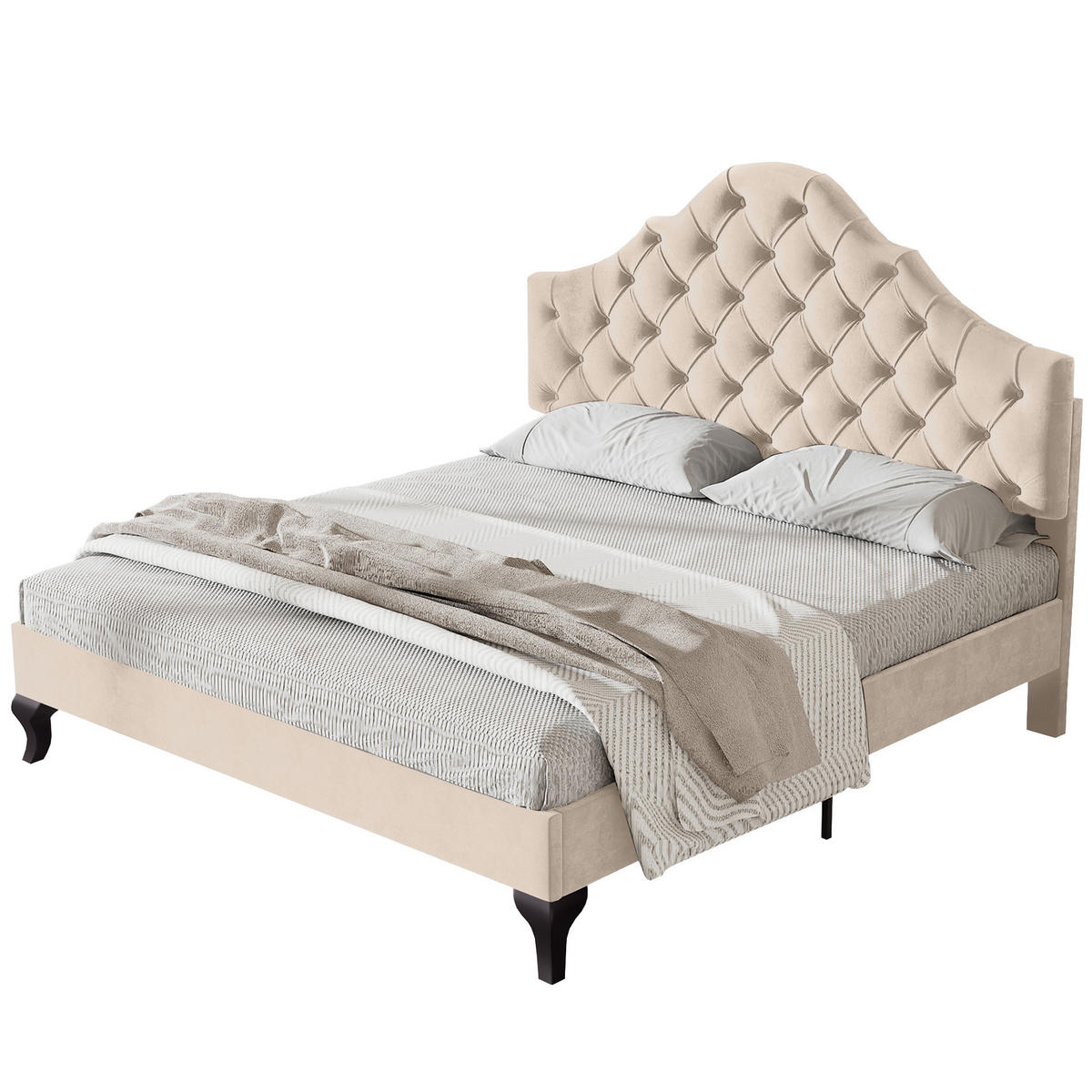 POLSTERBETT aus Samt 140x190 cm Off-White mit höhenverstellbarem Kopfteil und Lattenrost - Beige, Textil (140/190cm) - Modfu