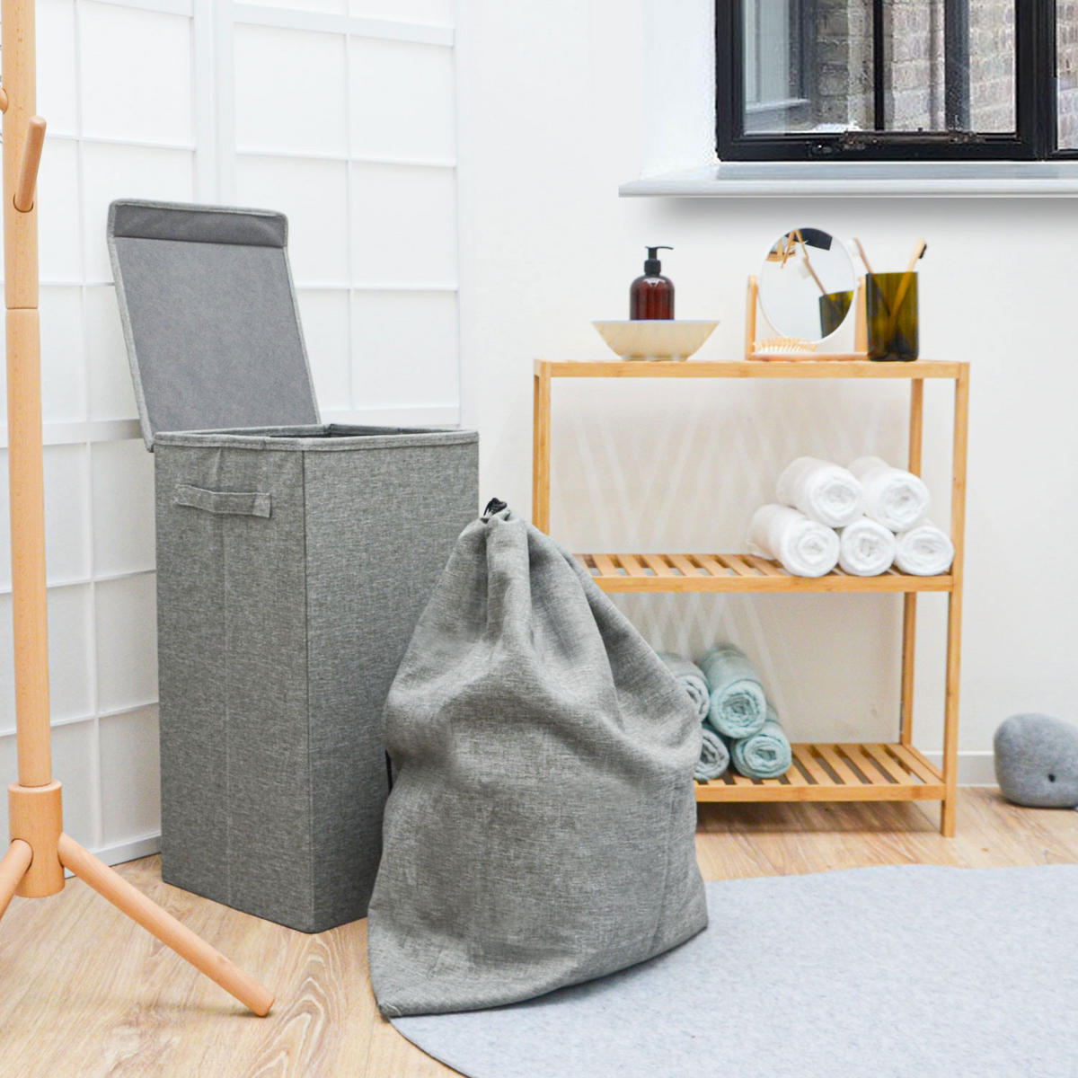 WÄSCHEKORB mit Wäschesack 30/30/60 cm Hellgrau - Grau, Kunststoff (30/60/30cm) - Dunedesign