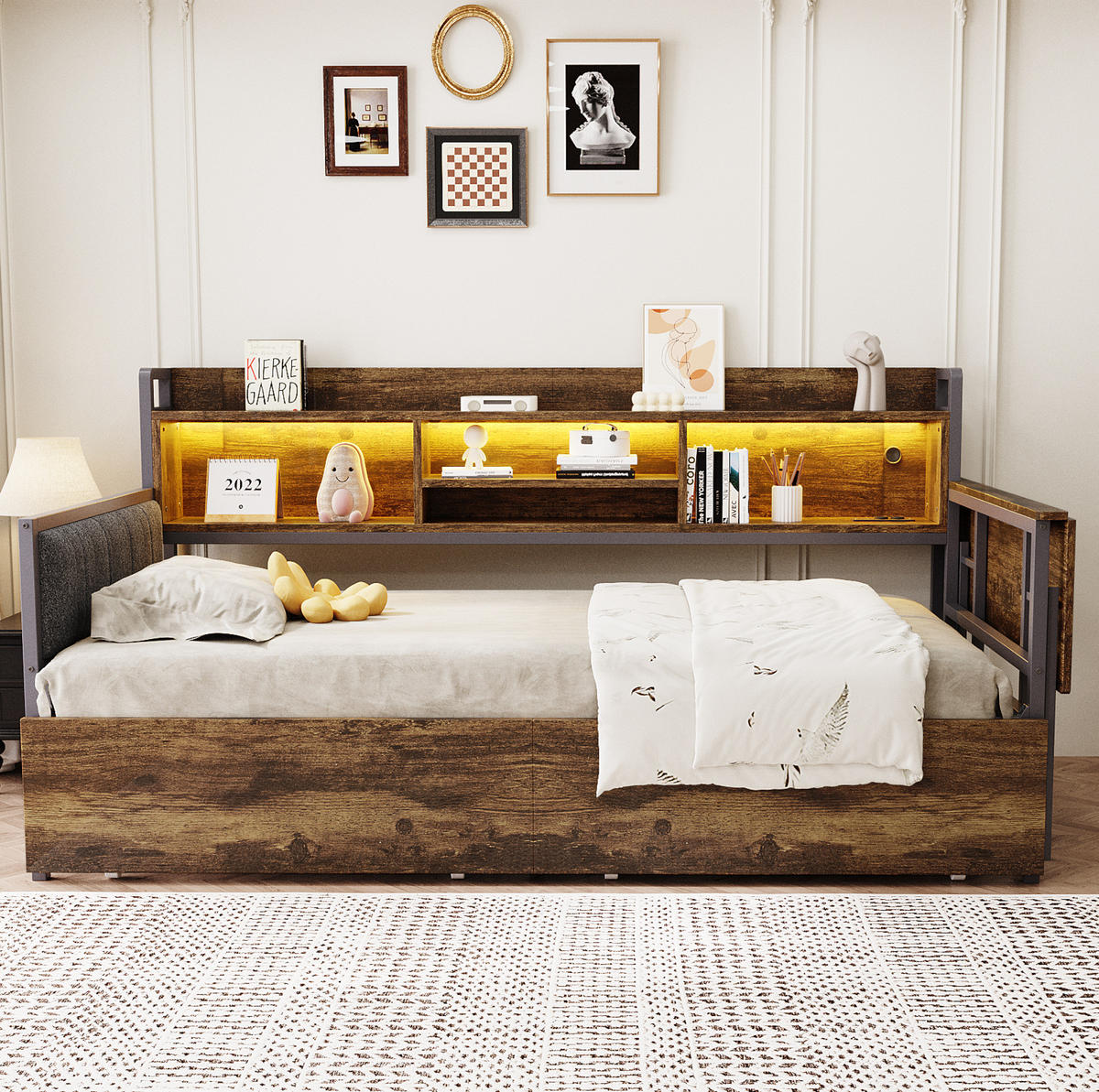 MULTIFUNKTIONSBETT aus Metall 90x200 cm Weiß/Holzfarbe mit LED, Steckdose, ausziehbarem Schreibtisch und 2 Schubladen - Naturfarben, Metall (90/200cm) - Modfu