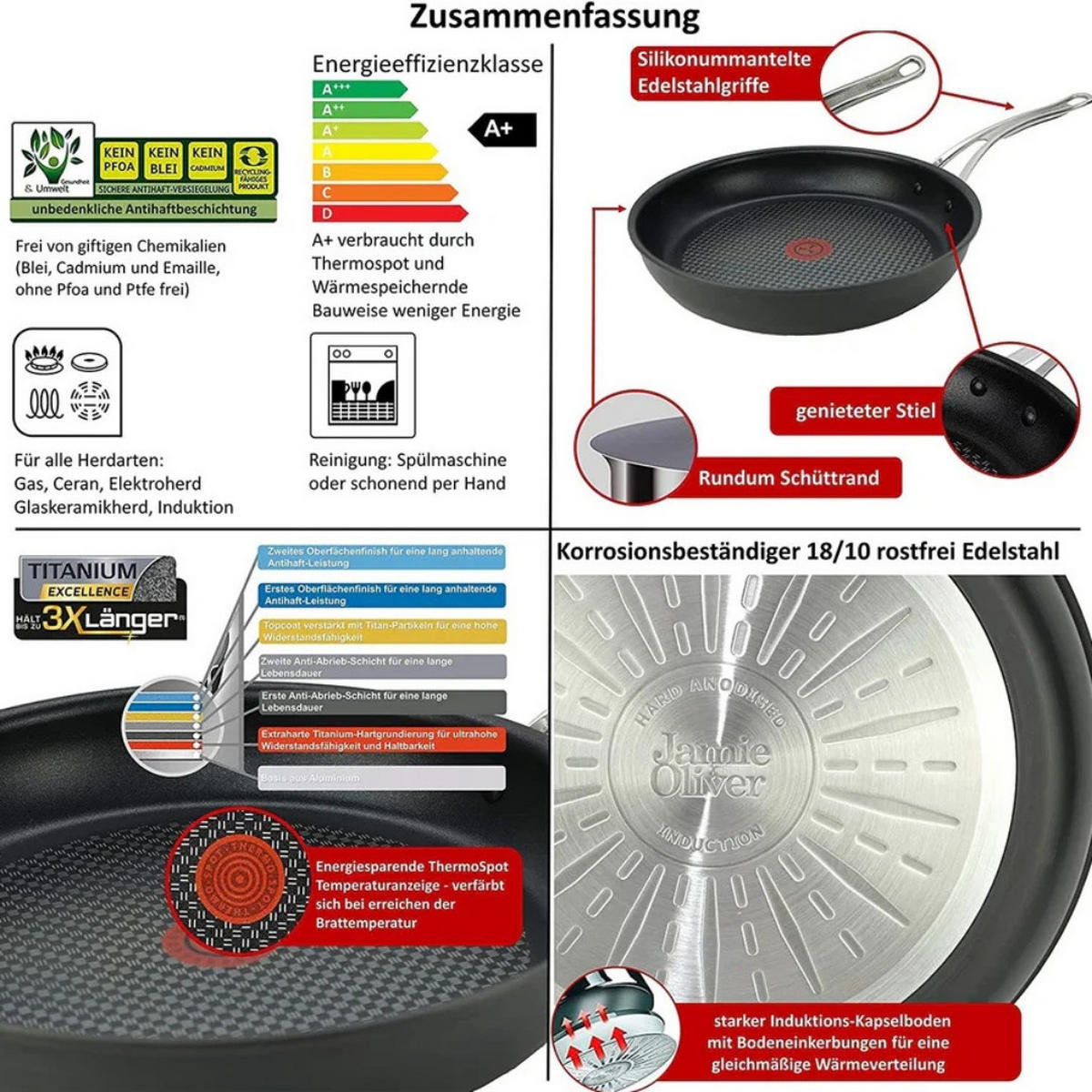 BRATPFANNE Jamie Oliver 28 cm Schwarz Edelstahl Antihaft Induktion 3-tlg - Silberfarben/Schwarz, Metall (28cm) - Tefal