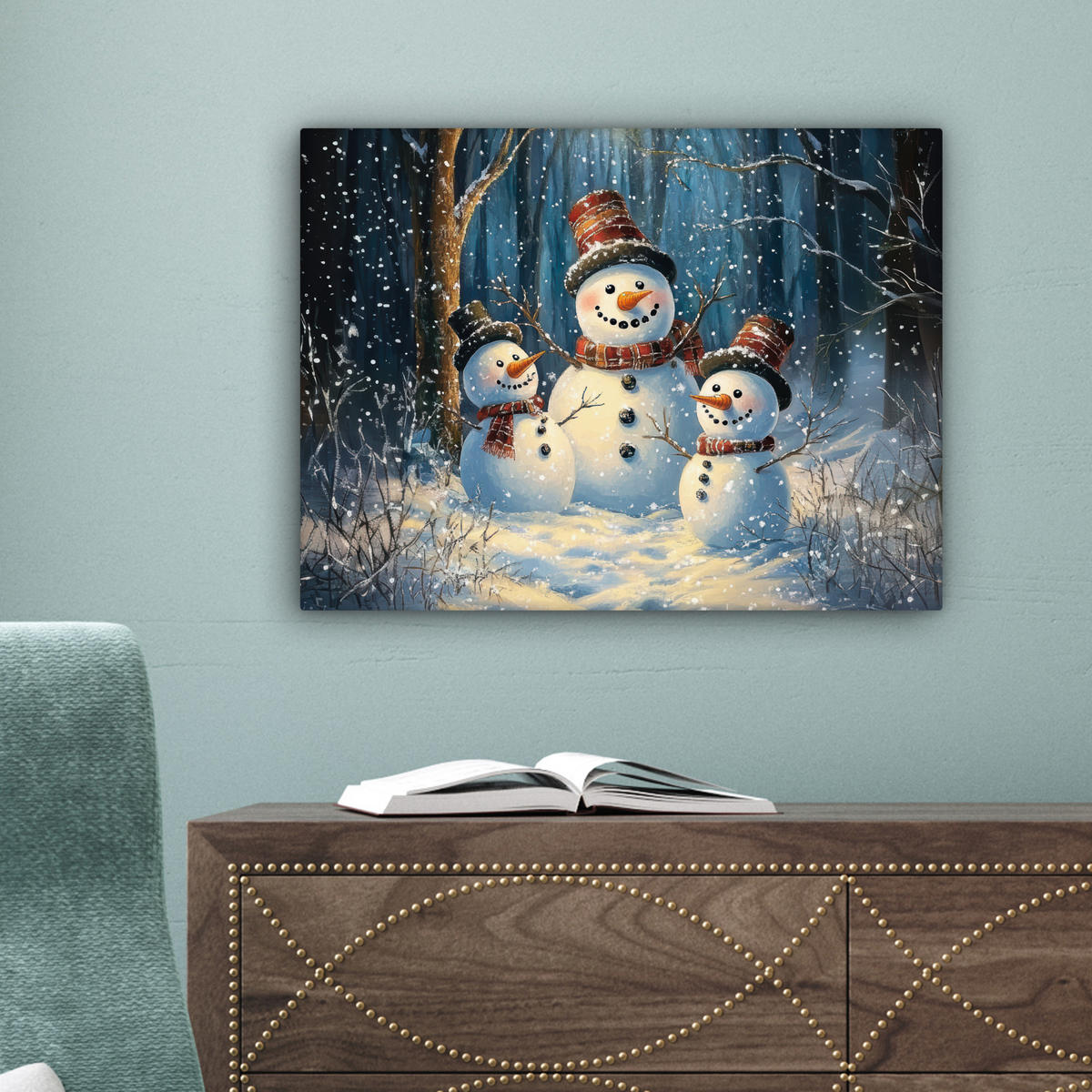 LEINWANDBILD Schneemann - Schnee - Winter - Wald 40x30 cm - Hellblau, Textil (40/30cm) - MuchoWow