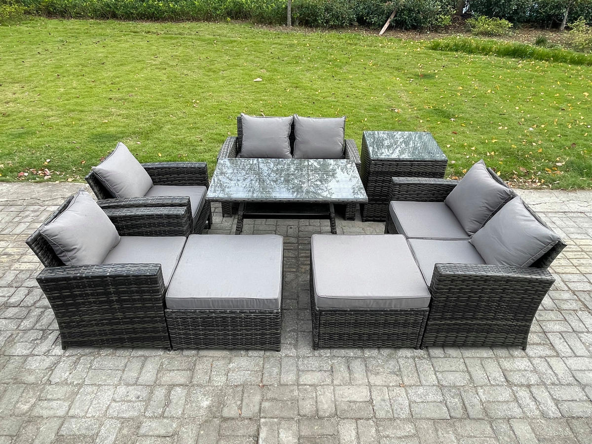 GARTENMÖBELSET mit ESSTISCH,HOCHLEHNER-SOFA Polyrattan Dunkelgrauer Mix 8-Sitzer - Dunkelgrau/Grau, Glas/Kunststoff - Fimous
