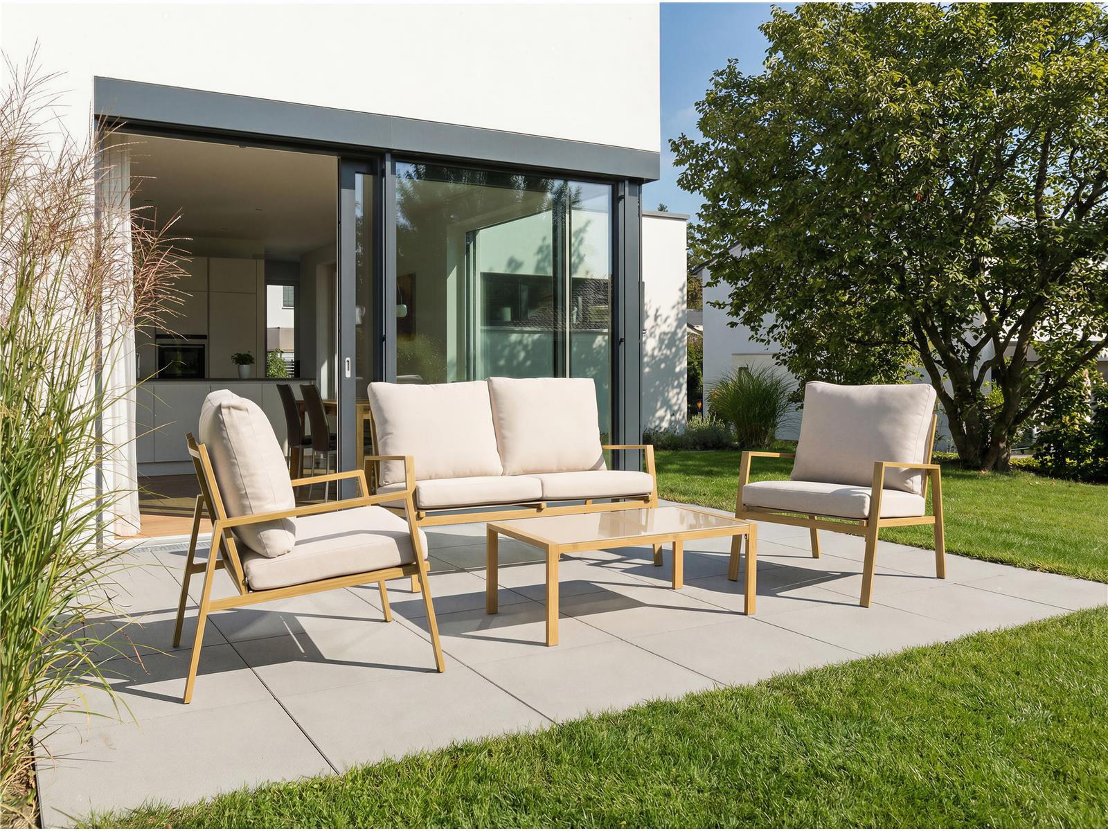 LOUNGE-SET Palamos Holzoptik 4-teilig mit Sofa, 2 Sesseln und Couchtisch - Braun, Kunststoff - bellavista - Home & Garden