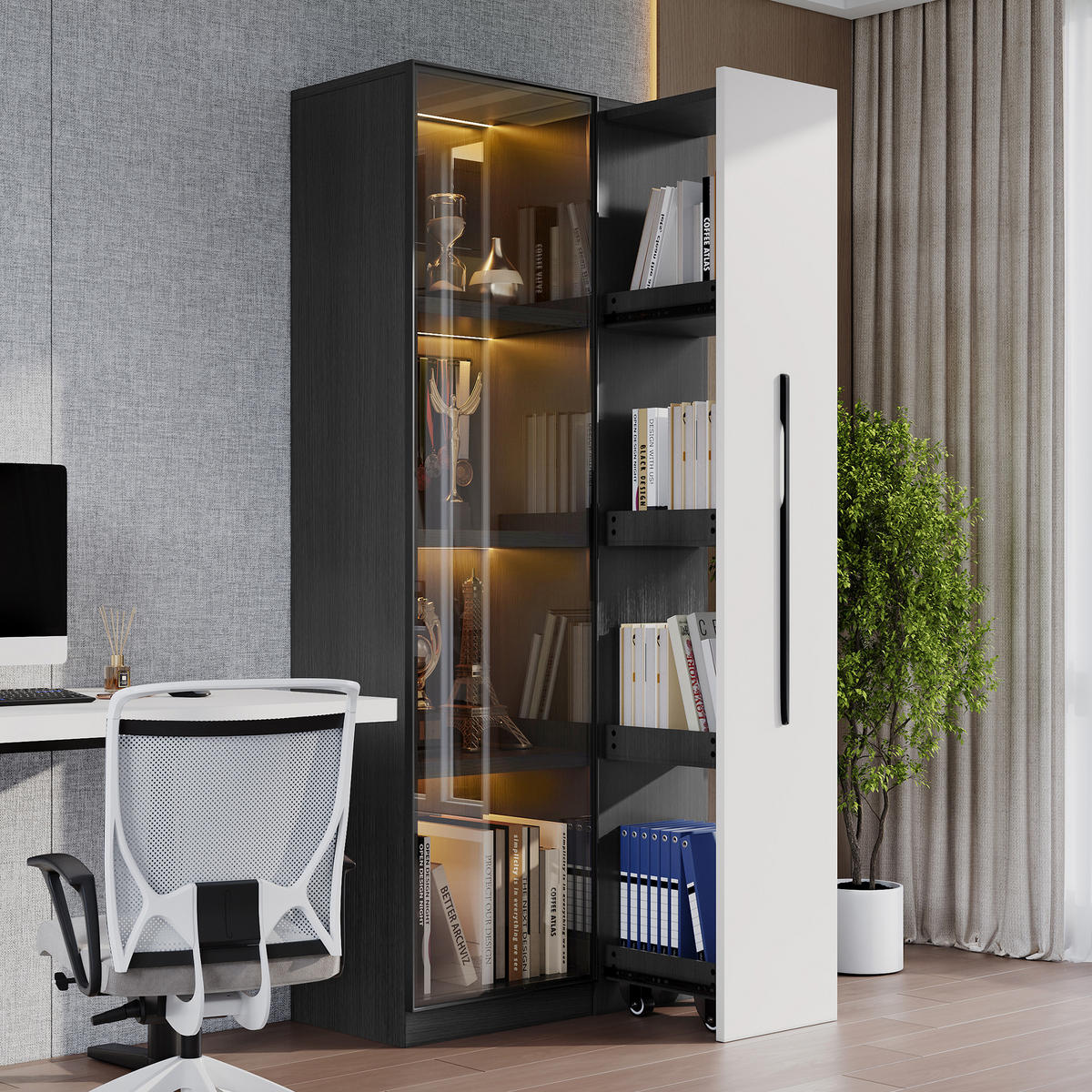 HIGHBOARD 70/40/160 cm in Schwarz/Weiß mit LED-Beleuchtung und seitlichem Auszug - Schwarz, Holzwerkstoff (70/160/40cm) - Flora Grace