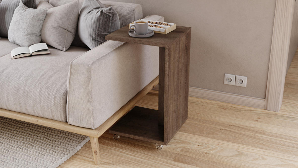 BEISTELLTISCH Rechteckig Eiche dunkel mit Ablage und Rollen - Braun, Holzwerkstoff (40/40/66cm) - designimpex