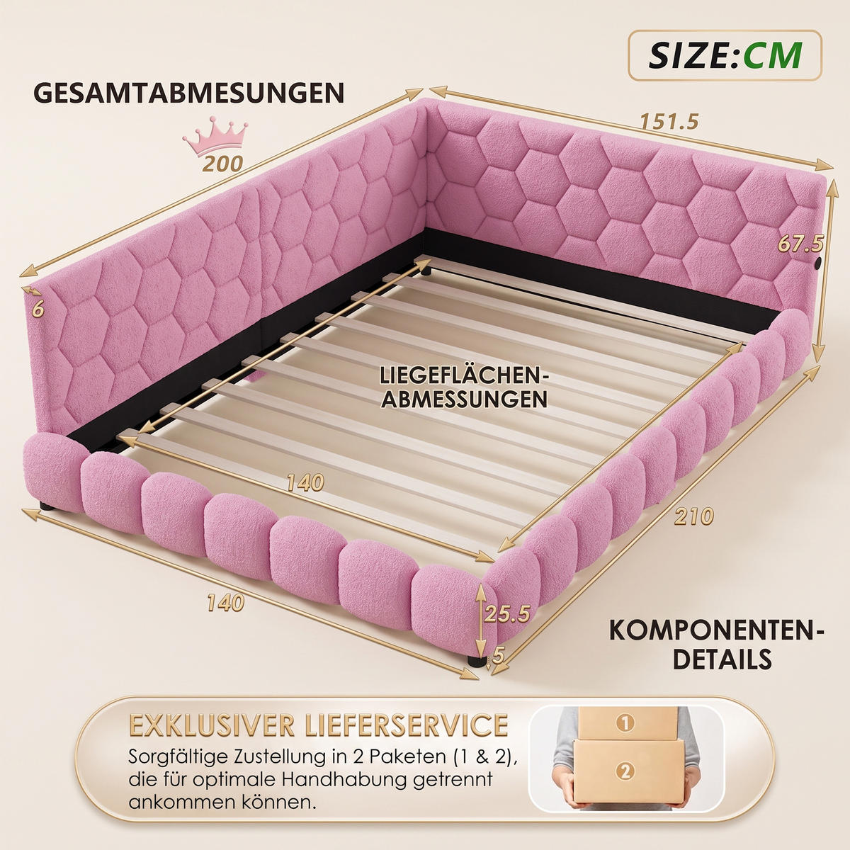 POLSTERBETT 140x200 mit USB und LED, Doppelbett 140x200 cm mit Lattenrost, Jugendbett, Samt, Rosa - Pink, Holz/Textil (140/200cm) - GENKI LIVING