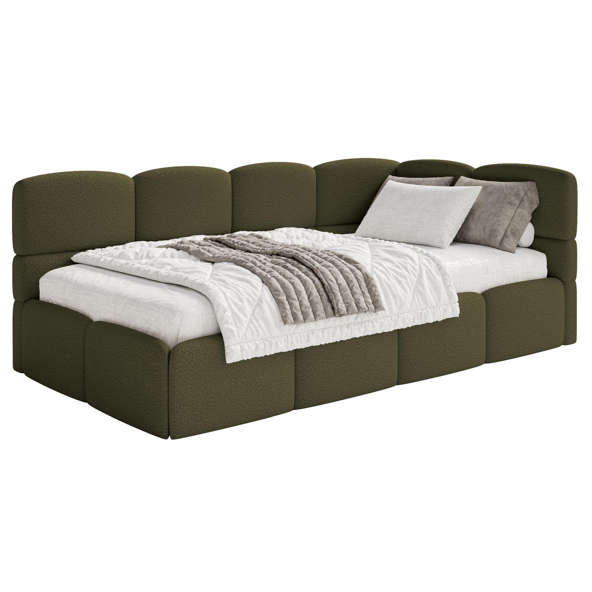 JUGENDBETT Cloudy rechts mit Matratze Bouclé Olivgrün - Olivgrün, Kunststoff/Textil (90/200cm) - Selsey