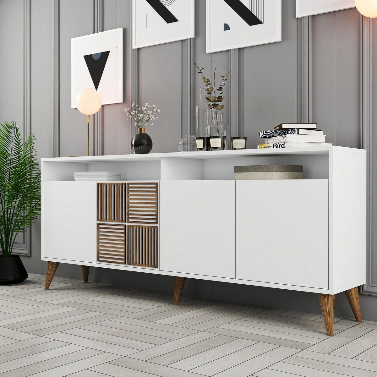 SIDEBOARD 4 Türen L180 cm - Milan - Weiß, Holzwerkstoff (35/78.6/180cm) - Calicosy