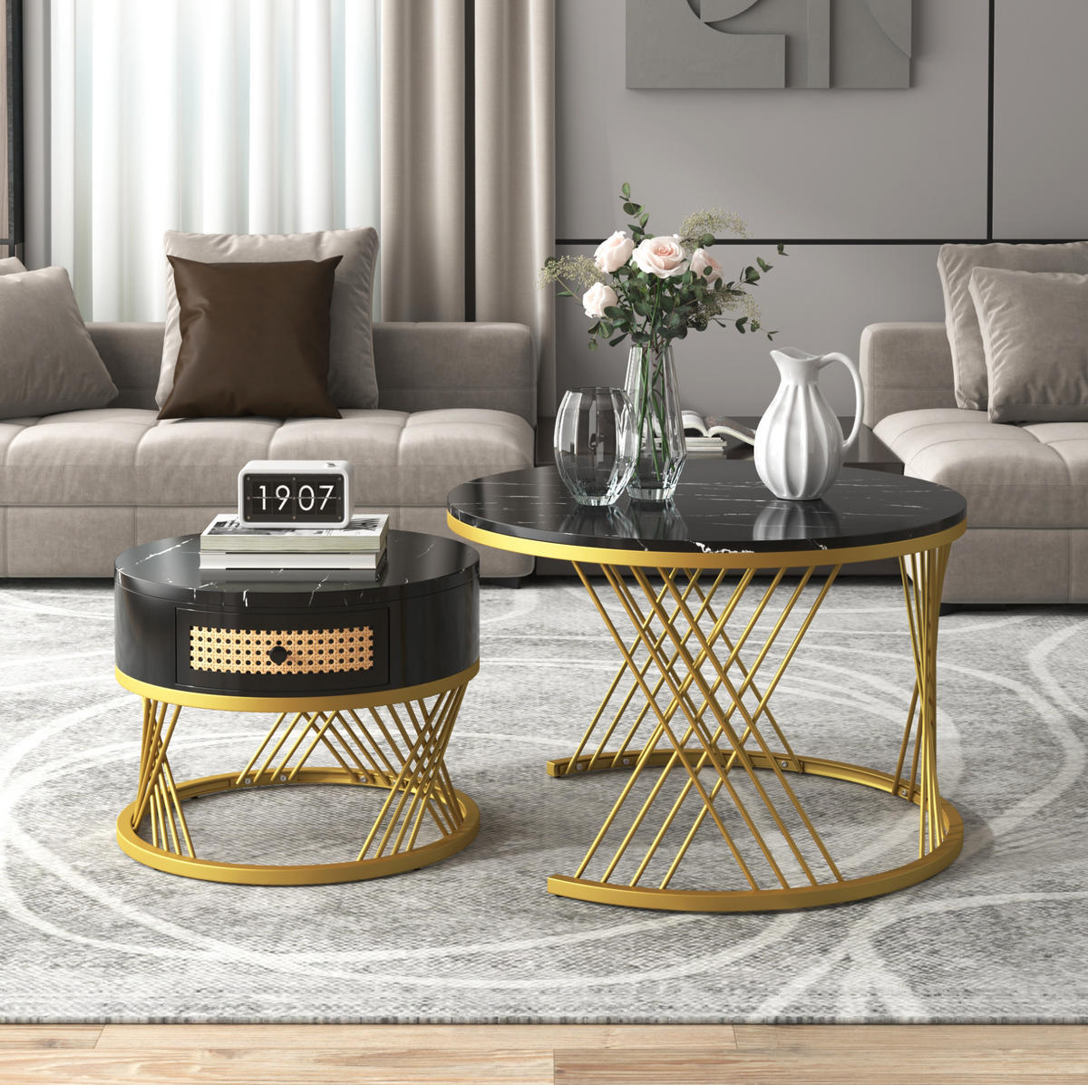 COUCHTISCH 70/50 cm schwarz aus MDF mit Marmormuster und Schublade - Schwarz, Holzwerkstoff (70/70/45.5cm) - OKMYHOME