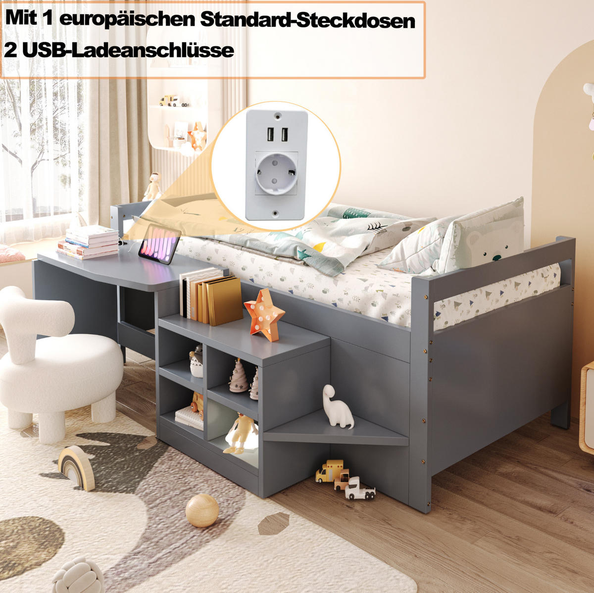 KINDERBETT 90/200 cm mit Schreibtisch, Stauraum und USB-Steckdose, Grau - Grau, Holzwerkstoff (90/200cm) - Redom