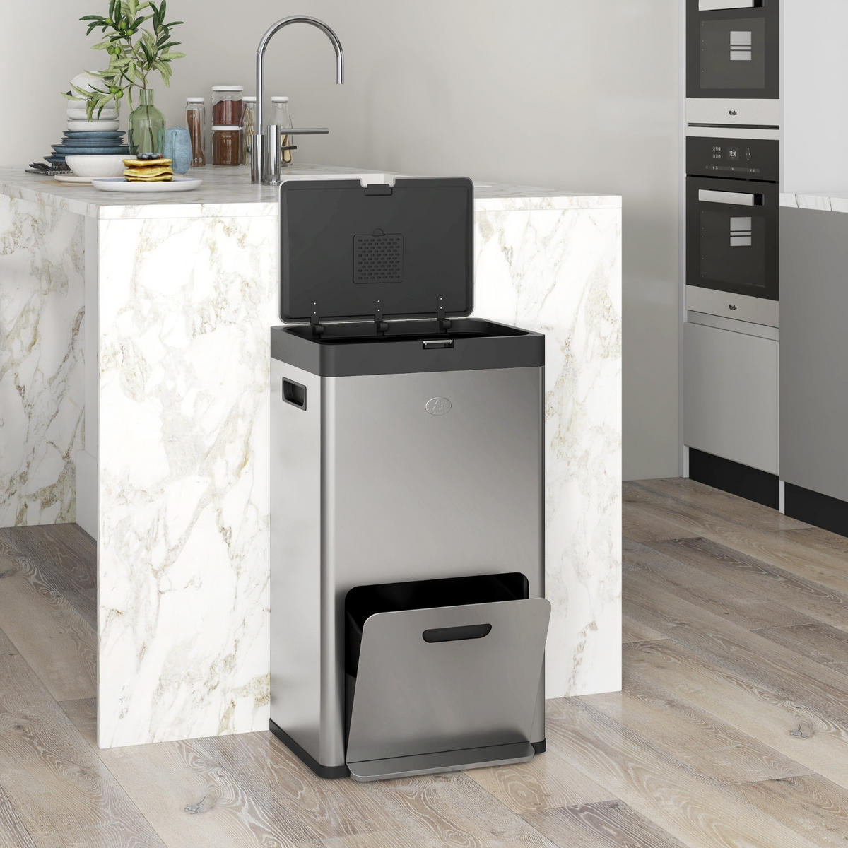 MÜLLEIMER 3 FÄCHER Mülltrennsystem Edelstahl Silber 45,7/35,8/76 cm - Silberfarben, Metall (35.8/76/45.7cm) - Rolipo
