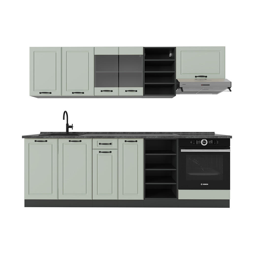 KÜCHENZEILE R-Line, Mint Landhaus/Anthrazit, 240 cm Arbeitsplatte Anthrazit - Anthrazit/Grün, Holzwerkstoff (240/206.8/60cm) - Vicco