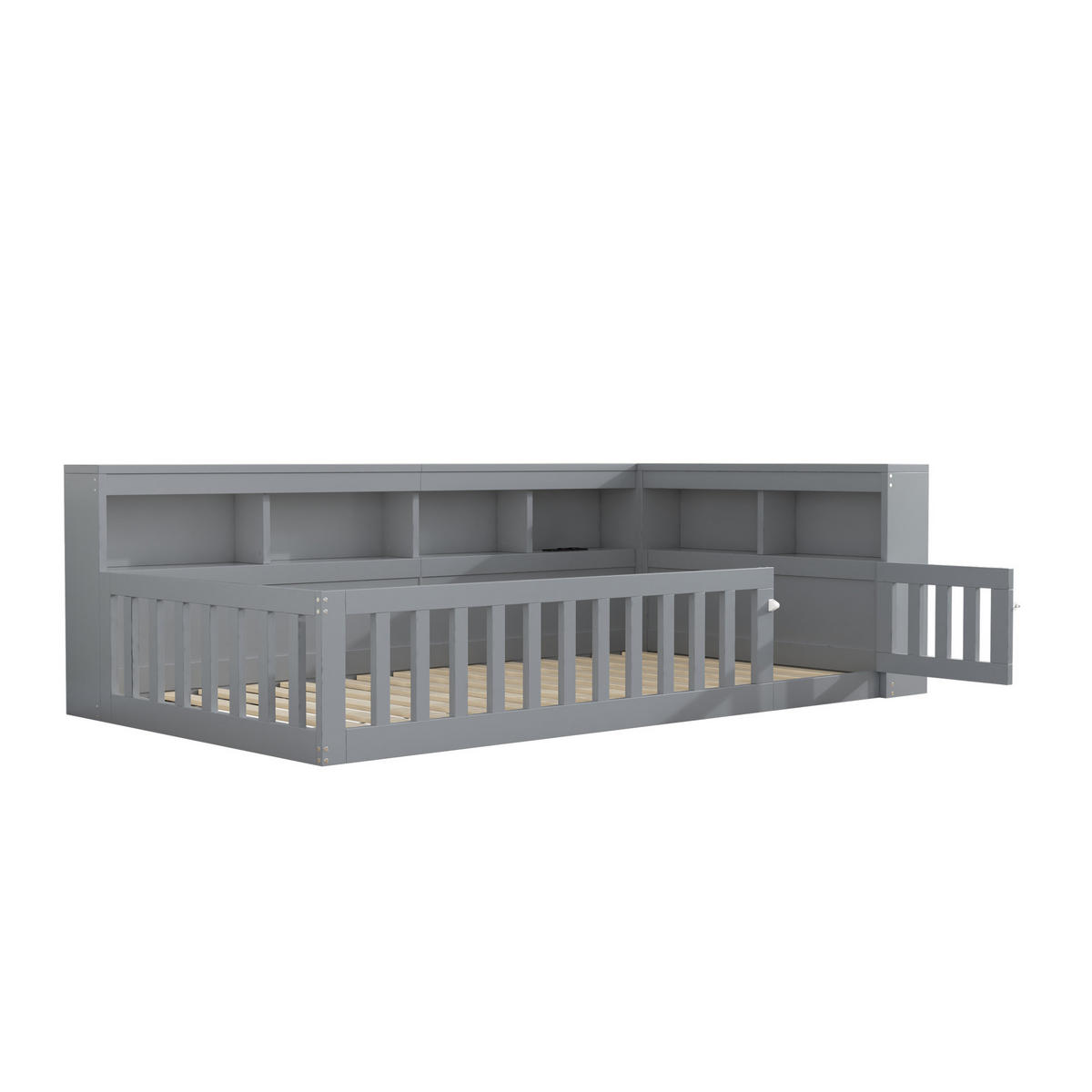 OBLAZINJENA postelja, 90/200 cm, iverna plošča/MDF, siva, z odlagalnim prostorom in USB - siva, leseni material (90/200cm) - BEAOK
