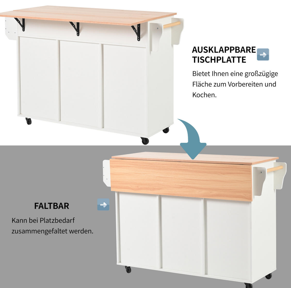 KÜCHENINSEL 139/46(71)/91,5 cm mit klappbarer Tischplatte, Stauraum, Rollen und MDF-Korpus, Weiß - Weiß, Holzwerkstoff (139/91.5/46cm) - Redom