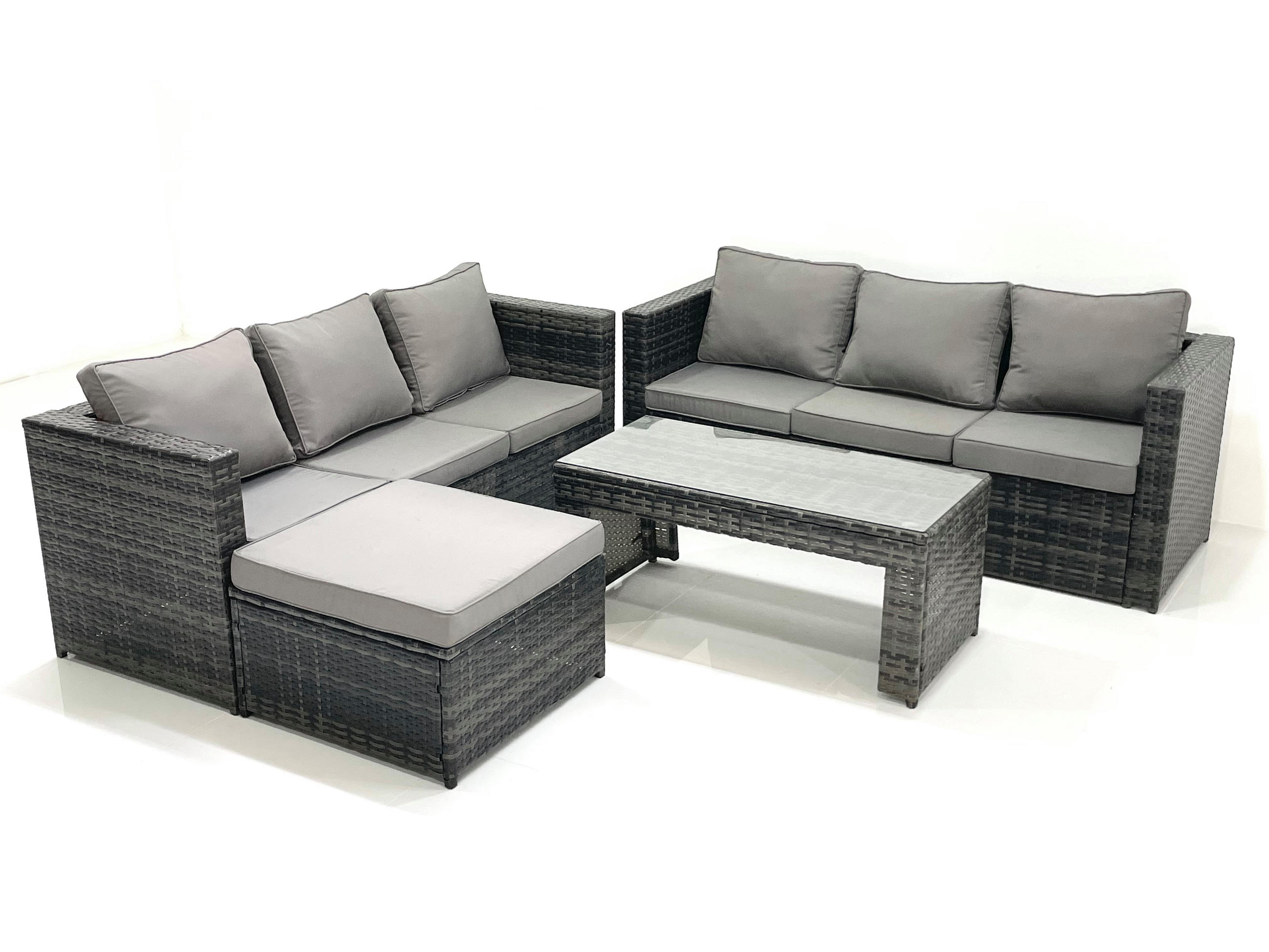 GARTENMÖBEL COUCHTISCH SET mit Sofa Polyrattan Outdoor 7-Sitzer - Dunkelgrau/Grau, Glas/Kunststoff - Fimous