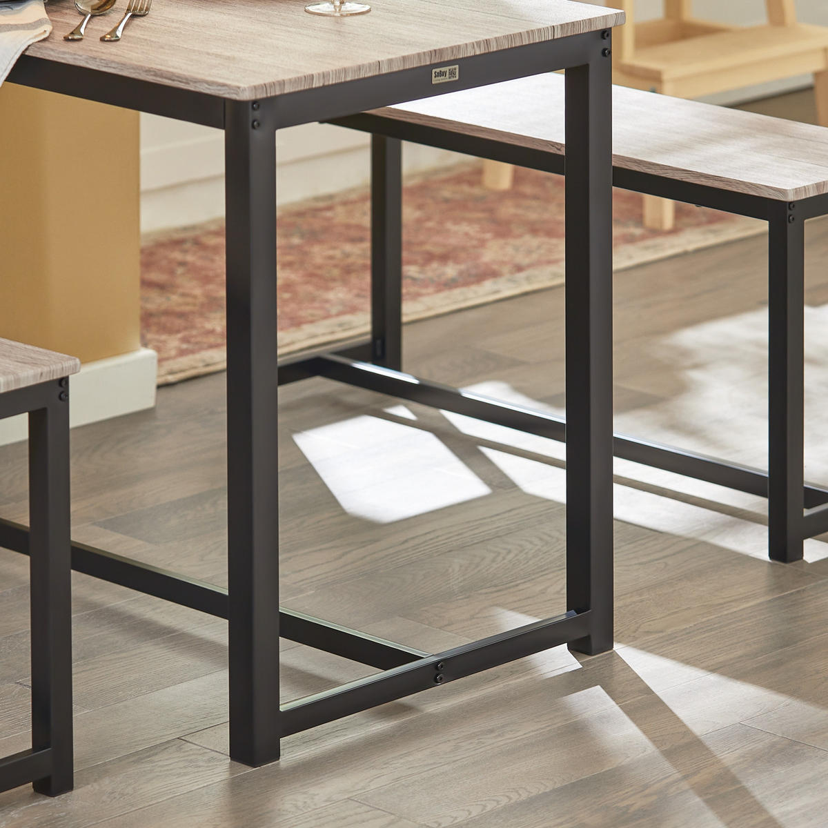 ESSTISCH + 2 x SITZBÄNKE - Naturfarben, Holzwerkstoff/Metall (110/74/58cm) - SoBuy