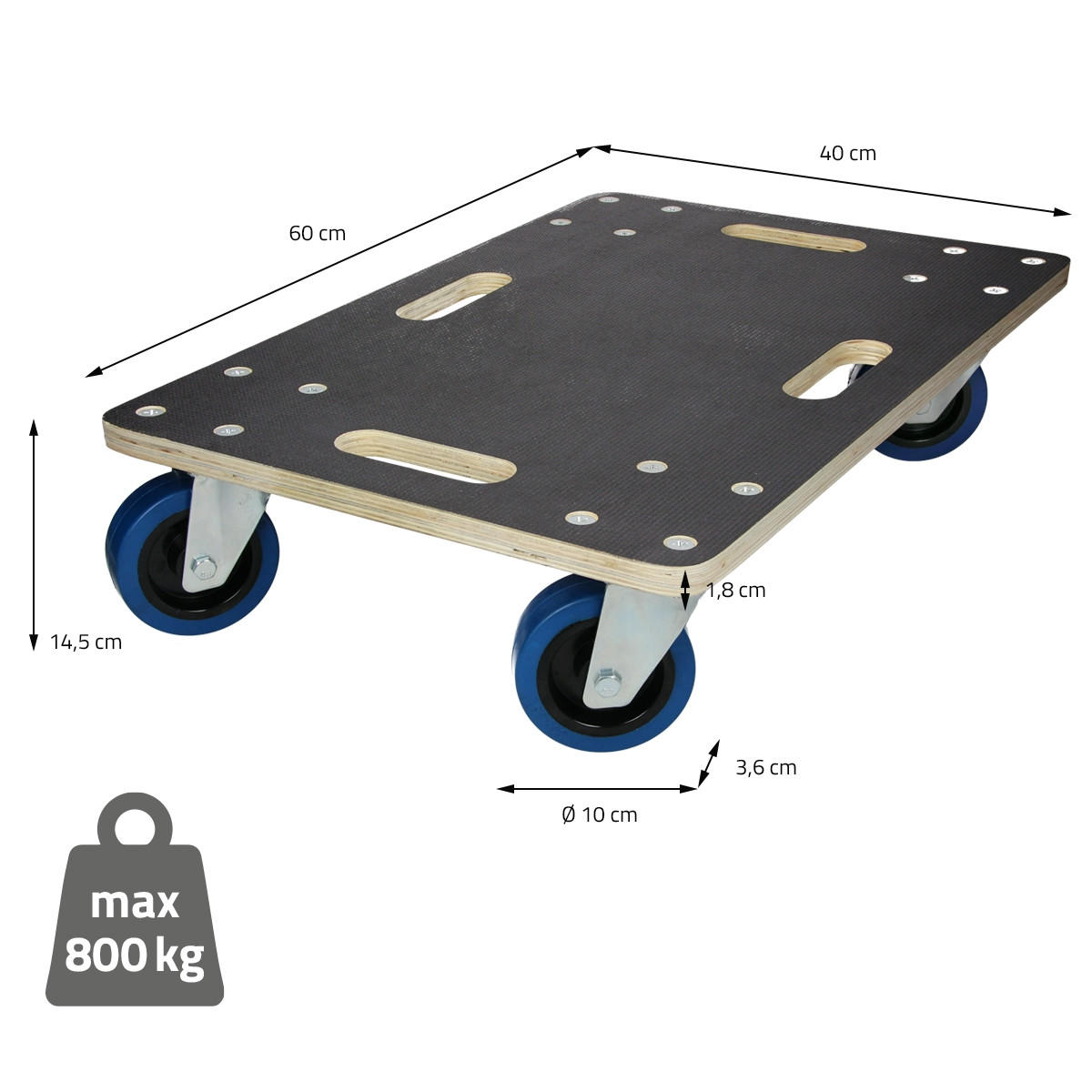 TRANSPORTROLLER 2er Set mit 4 Rollen 40x60 cm Traglast 800kg Siebdruck Holzplatte Black - Anthrazit, Holzwerkstoff (40/60/14.5cm) - ECD-Germany