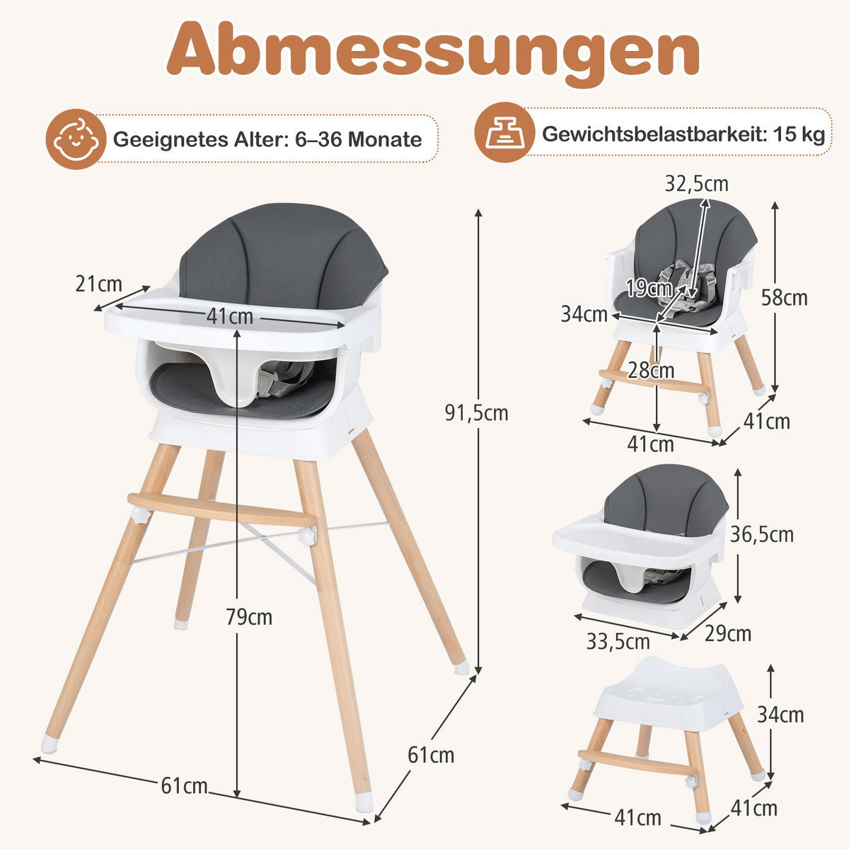 KINDERHOCHSTUHL mit PU-Kissen grau - Grau, Kunststoff (61/91.5/61cm) - COSTWAY