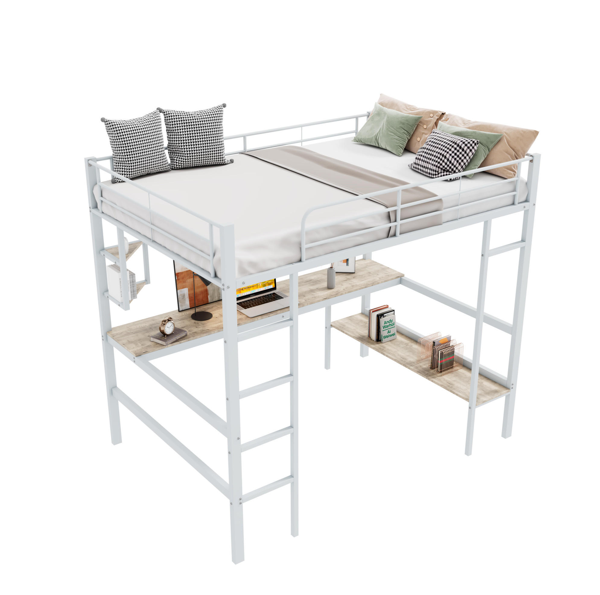 HOCHBETT 90/200 cm aus Metall mit Schreibtisch und Regal Weiß - Weiß, Metall (90/200cm) - Modenvie