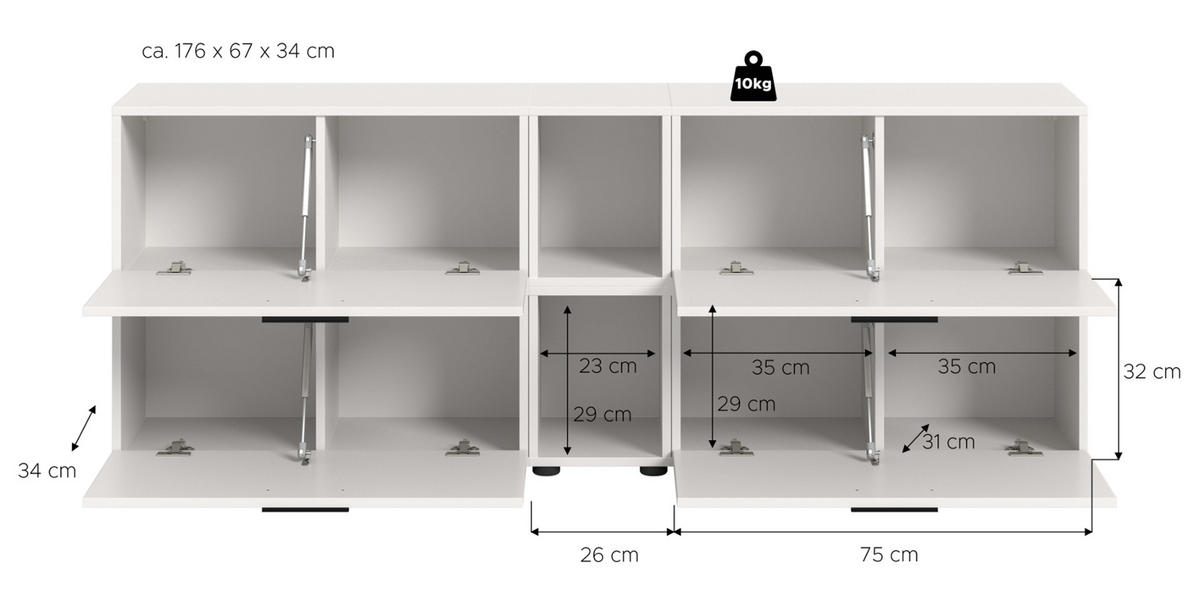 TV-LOWBOARD weiß 176 cm, Fernsehtisch hängend / stehend mit Soft-Close - Schwarz/Weiß, Holzwerkstoff/Kunststoff (176/67/34cm) - Inn.Furn