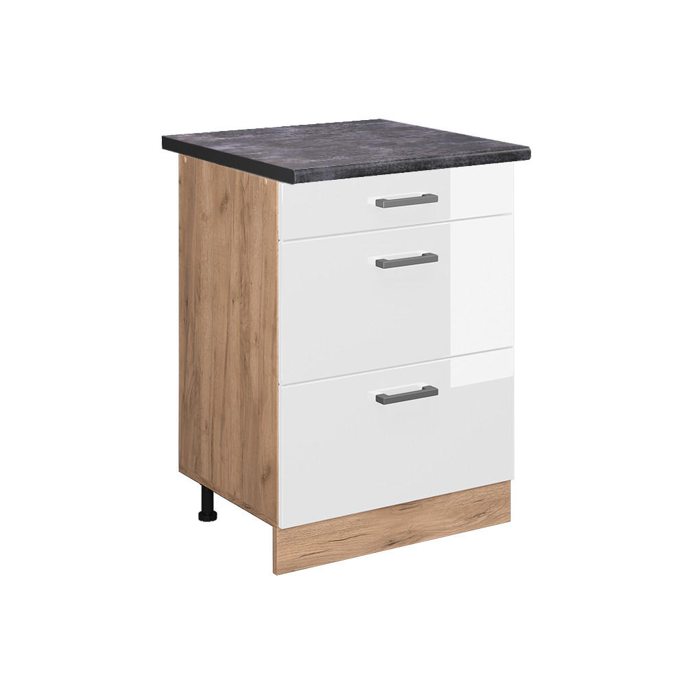 KÜCHENUNTERSCHRANK R-Line Weiß Hochglanz 60 cm mit Schubladen AP Anthrazit - Honigeiche/Weiß Hochglanz, Holzwerkstoff (60/81.6/60cm) - Vicco