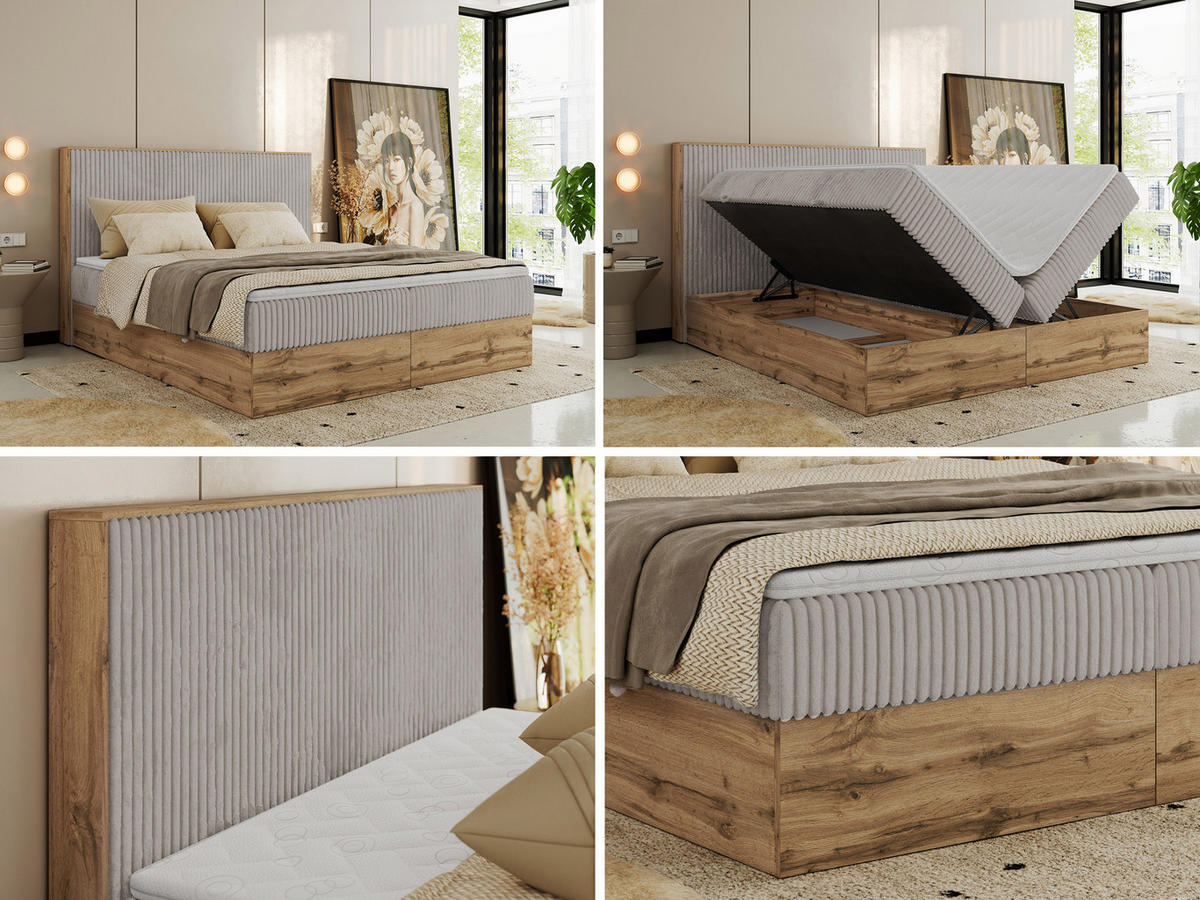 BOXBETT WOOD CLASSIC 180/200 - Hellgrau Cord - H3 - Hellgrau, Textil (180/200cm) - MKS