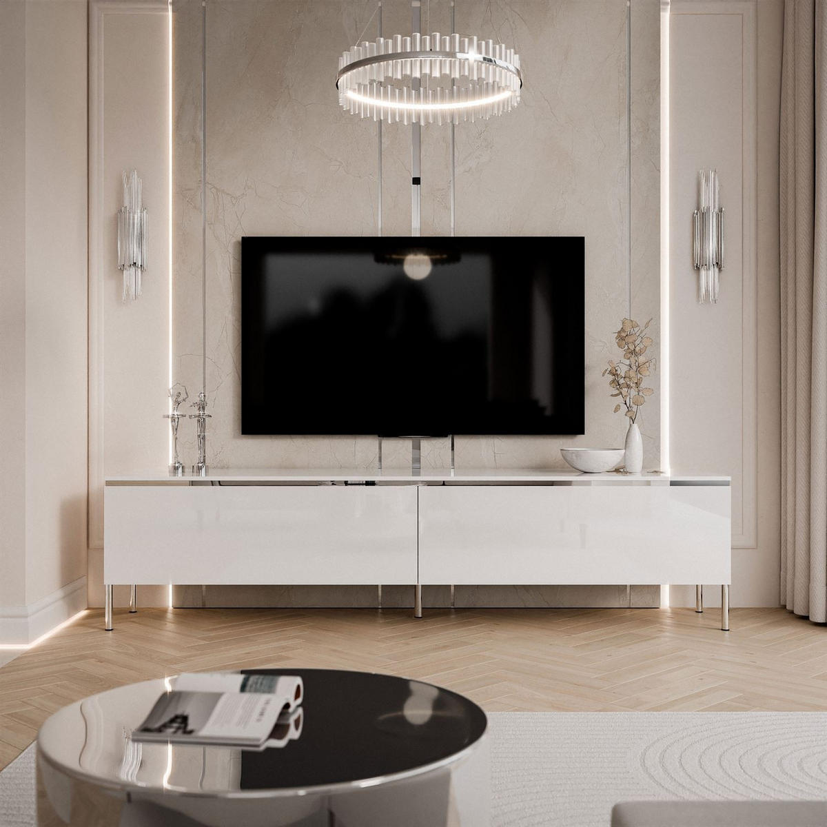 TV-SCHRANK AURORA SILVER 180 cm mit LED-Beleuchtung – gerade Chrombeine - Weiß Hochglanz, Holzwerkstoff (180/49.5/40cm) - Lookway