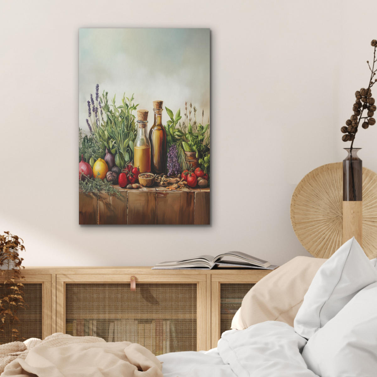 AKUSTIKBILD Stilleben - Kräuter - Gewürze - Früchte - Farbenfroh Kunstdruck Schlafzimmer 50x70 cm - Grün, Kunststoff (50/70/0.9cm) - MuchoWow