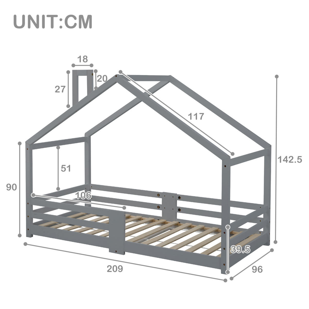 HAUSBETT 90/200 cm in Grau – mit Rausfallschutz und Lattenrost - Grau, Holz (90/200cm) - BEAOK