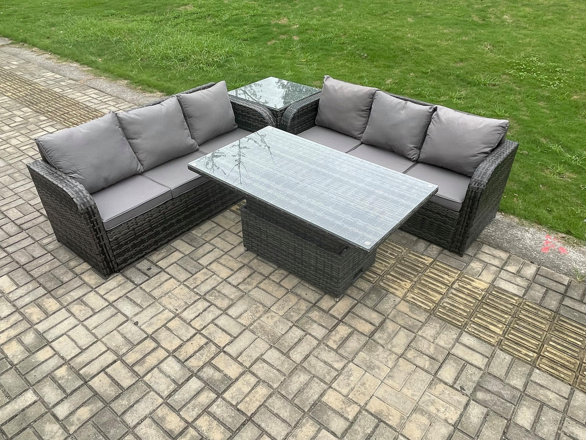 LOUNGESOFA Polyrattan 6-Sitzer - Dunkelgrau/Grau, Glas/Kunststoff - Fimous